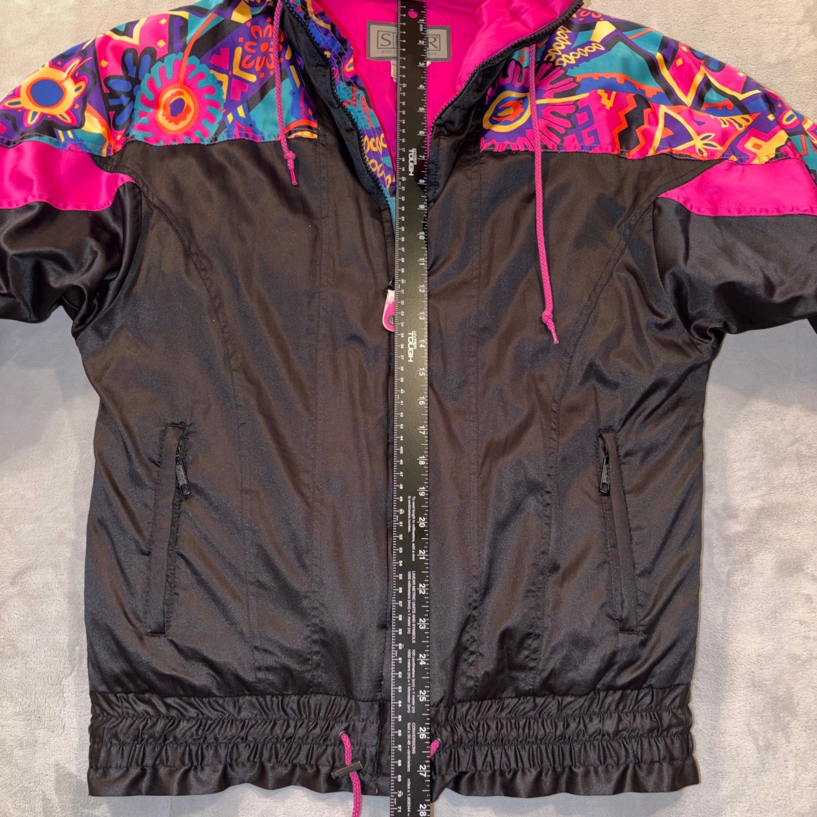 Vintage Skyr Ski Jacket Womens 8 Black Neon Pink Geometric 80s Windbreaker Retro