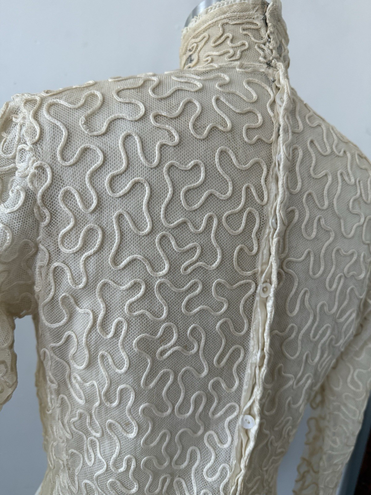 Antique Sheer Net Lace Blouse Top Cord Soutache Embroidery Art Nouveau Bridal XS