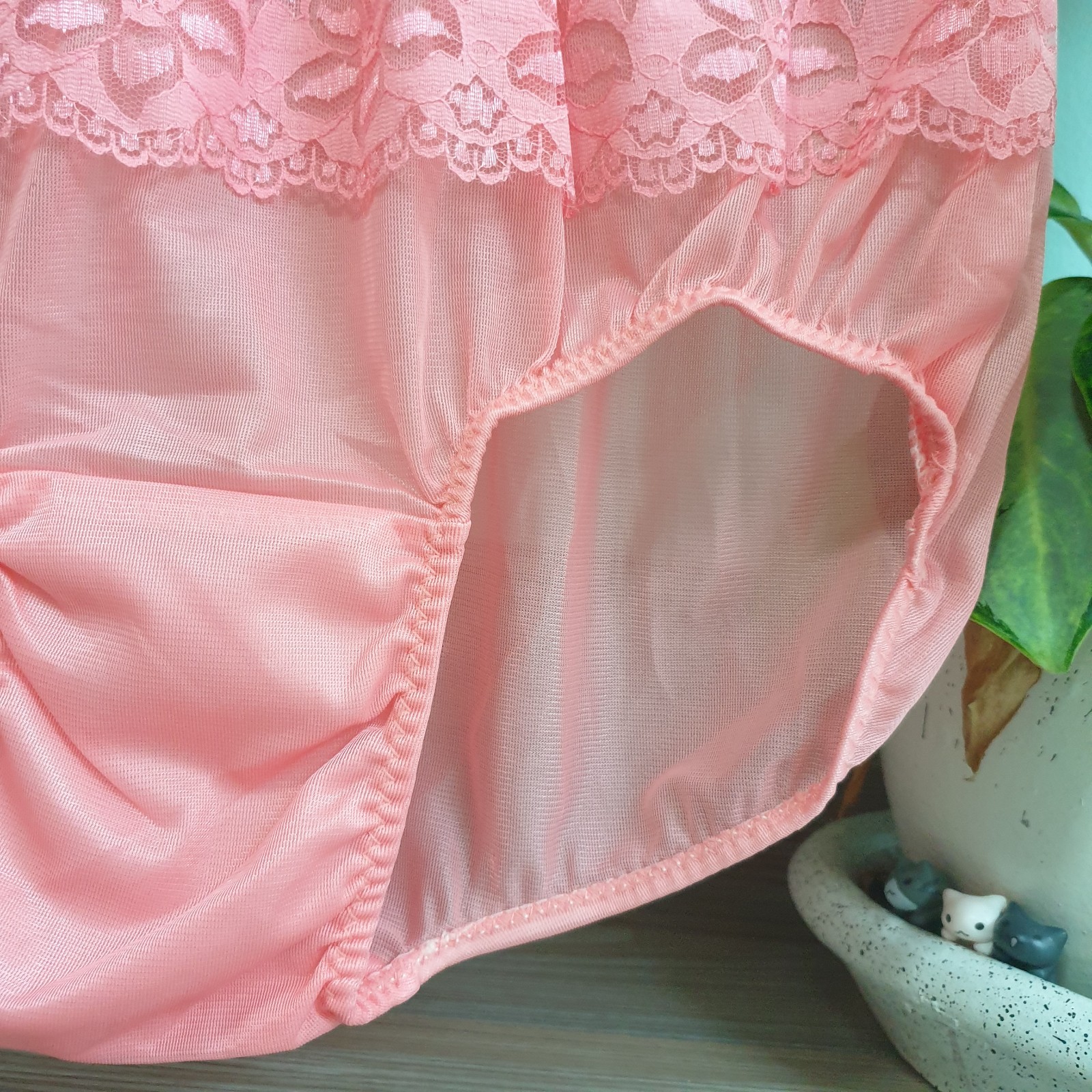 Vintage Sheer Nylon Panty Sissy Peach Floral Lace Granny Brief Sz. 8 Hip 39-43″