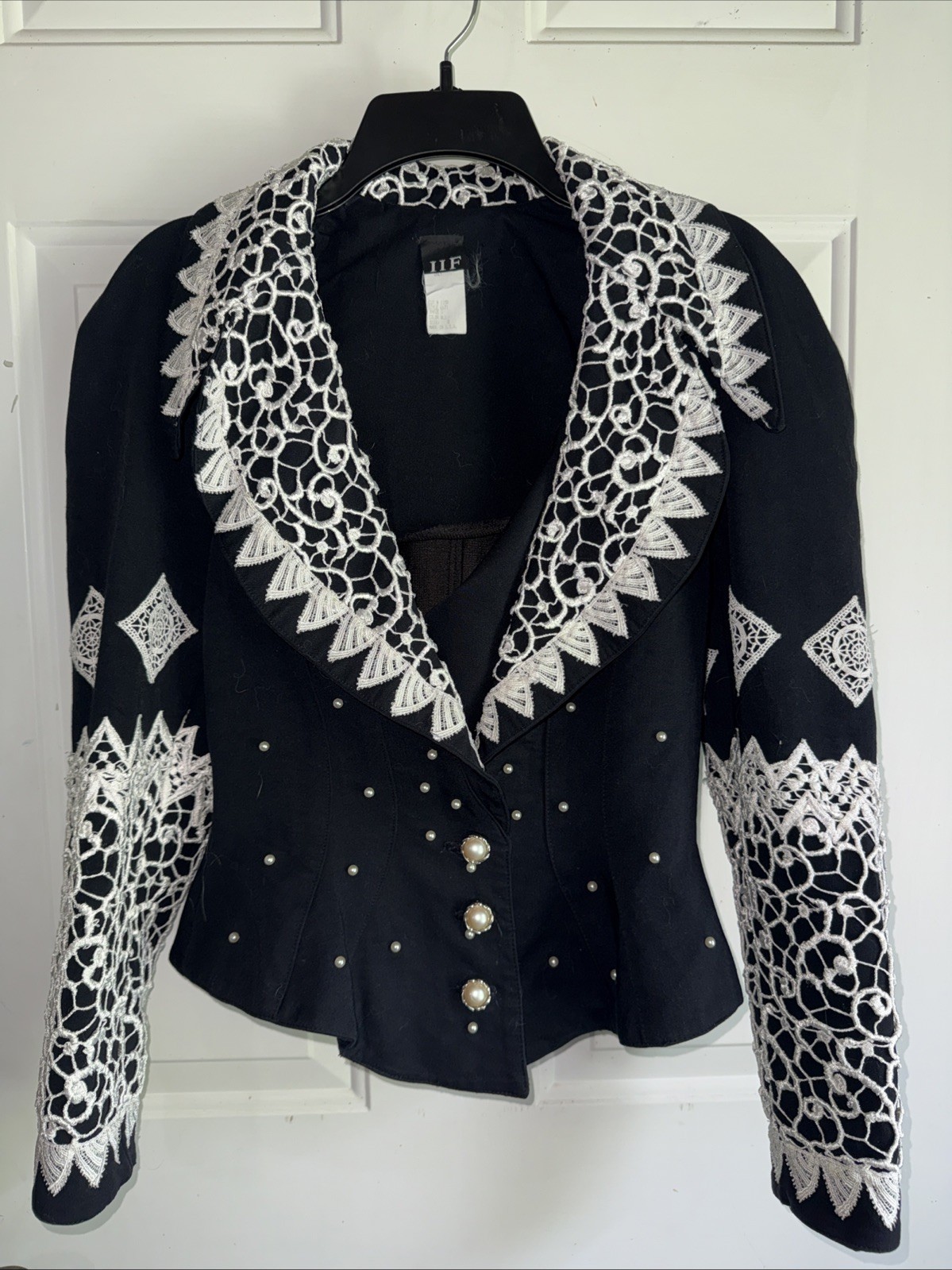 Vintage 80s IIF Jacket Black With White Lace & Faux Pearls Structured Glam