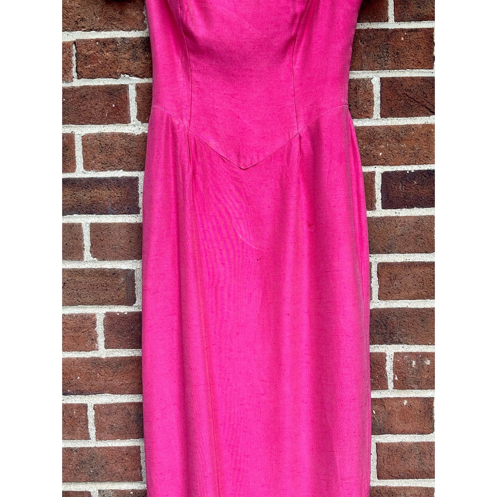 Vintage 1990s Watters Hot Pink Evening Gown Braided Neckline Midi Dress AS IS