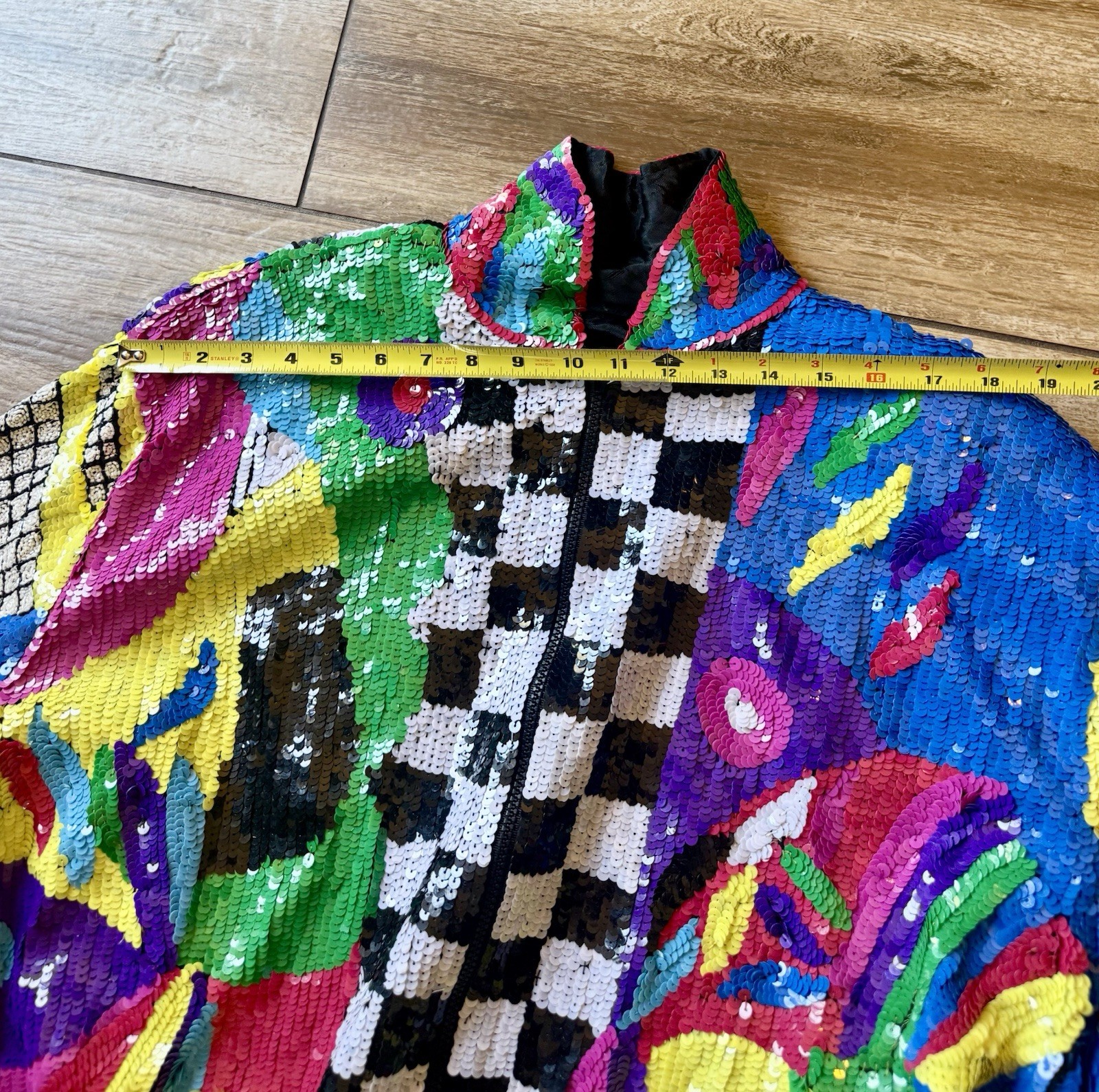 Vintage 80s Sequin Beaded Colorblock Art Deco Zip Jacket Statement Coat Glam XL
