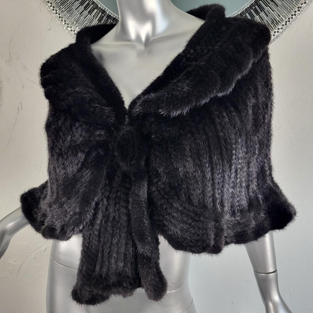 SAKOWITZ~S/M/L~VINTAGE BLACK KNITTED GENUINE REAL MINK FUR STOLE WRAP CAPE COAT