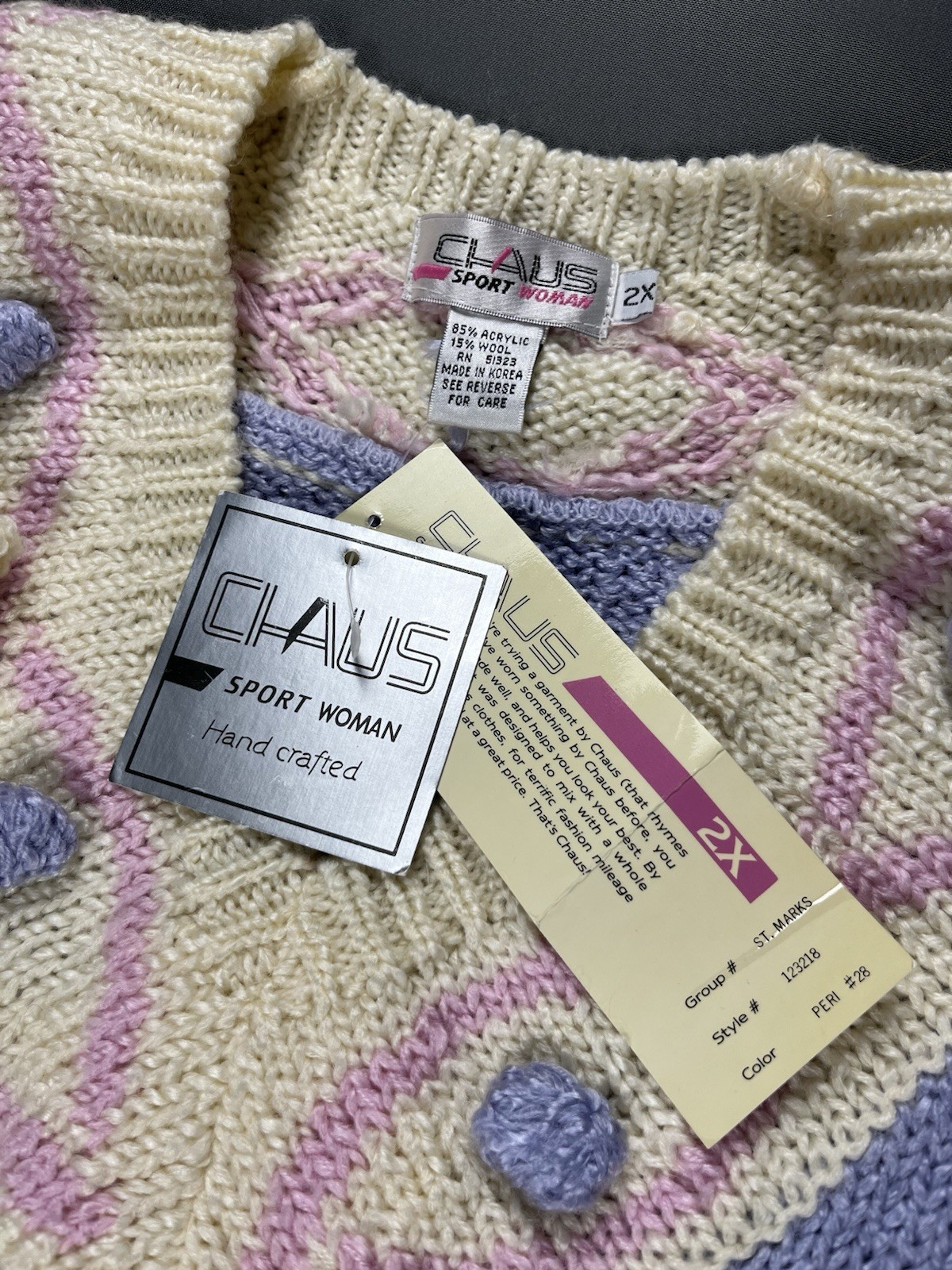 Vintage 80s Chaus Sport Woman Sweater Women’s 2X Pastel Hand Knit Wool Blend