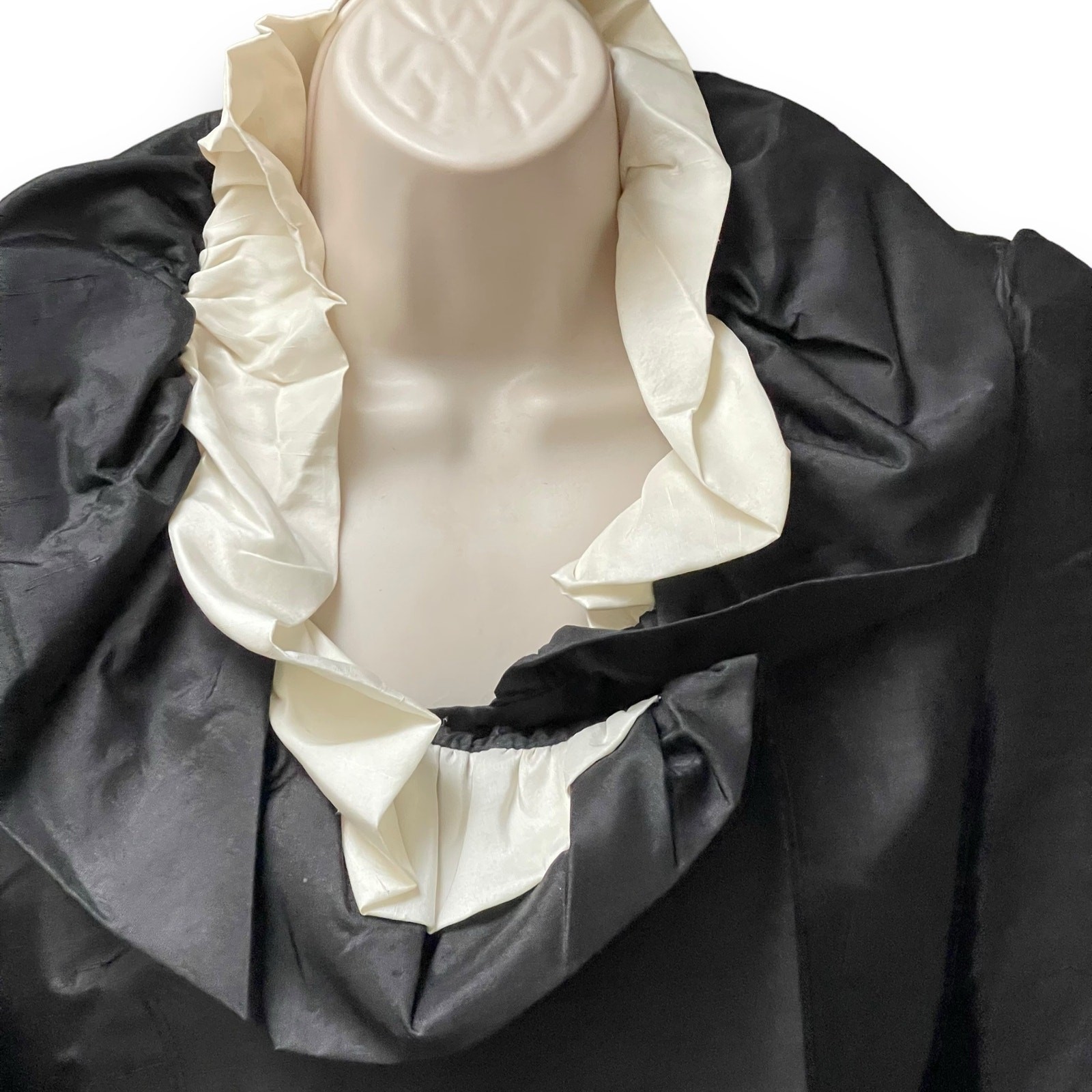 Silk Cocktail Skirt Suit Black & White Feminine Large Ruffle Collar 1990’s Y2K