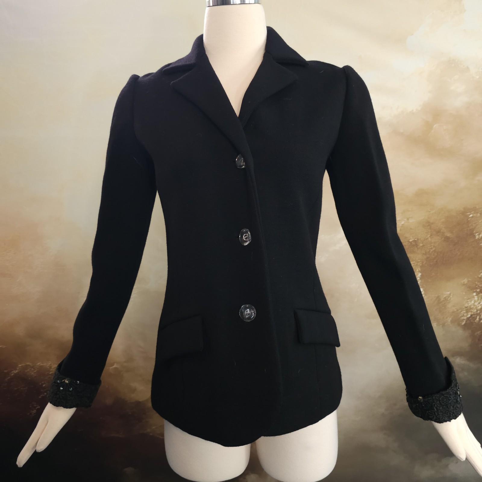 Vintage 1960’s Blazer Jacket Black Wool Italian Gino Paoli Beaded Cuffs Collar