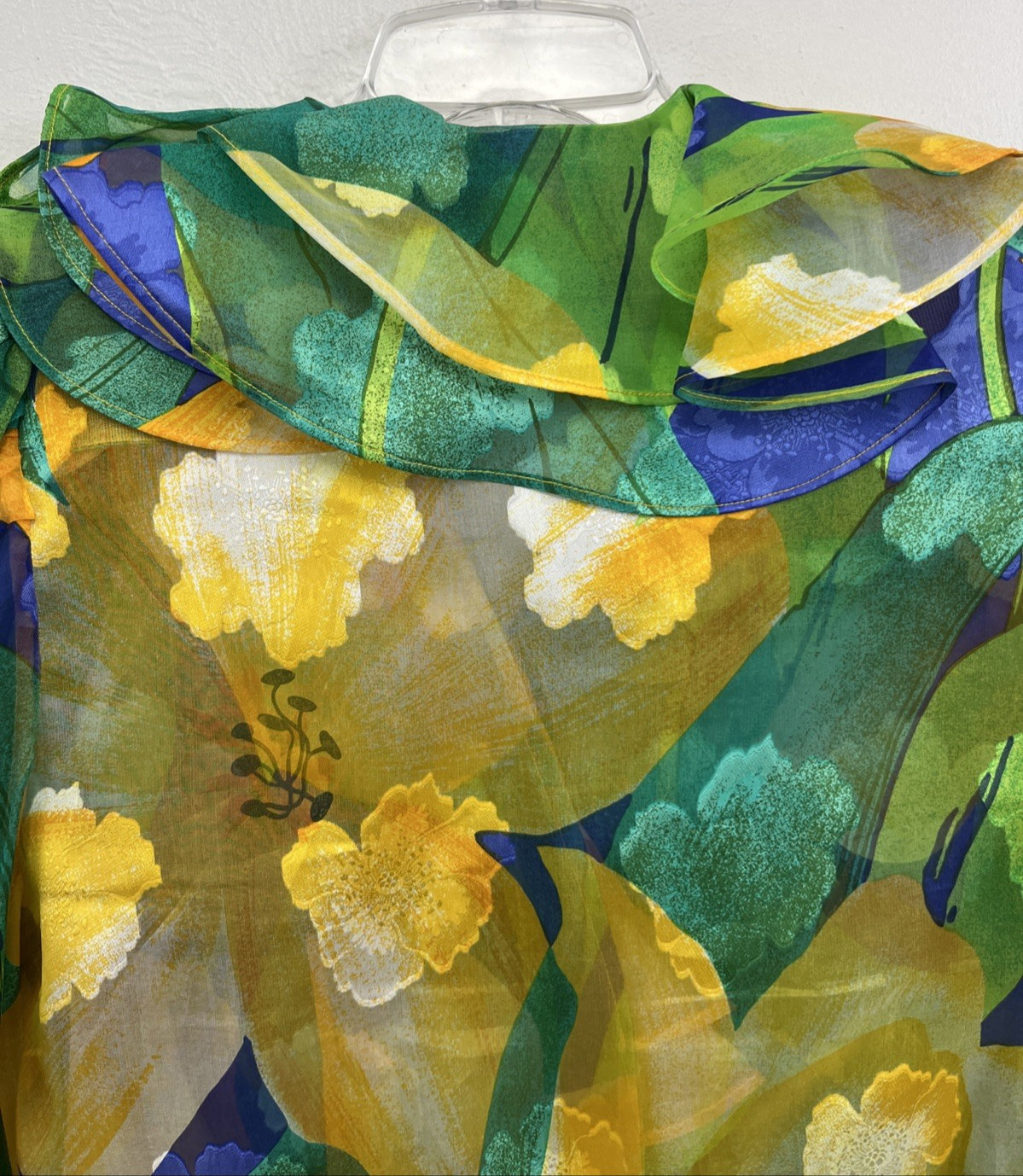Patricia Rhodes PR Top Size 4 Silk Sheer Ruffle Neck Couture Blue Yellow VTG 80s