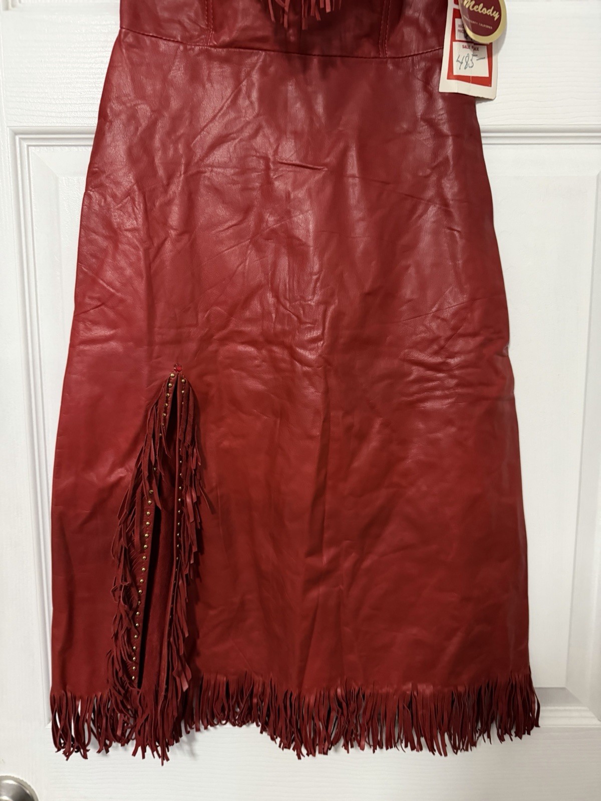 Vintage Red Genuine Leather Fringe Strapless Dress Western Cowgirl Boho