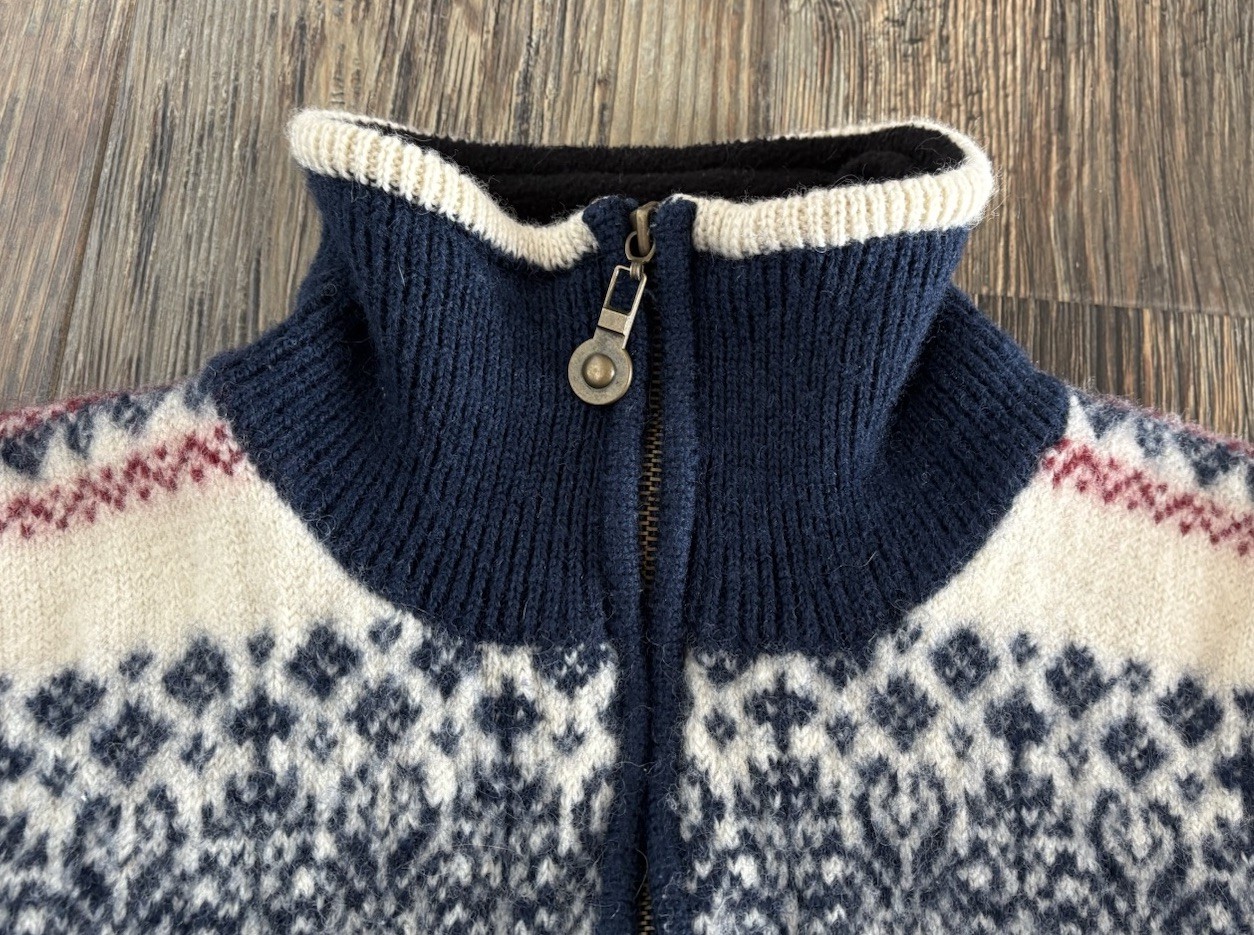 Vtg Windfjord Classic Bergen Norway Pure Wool Sweater S Full Zip Blue Red White