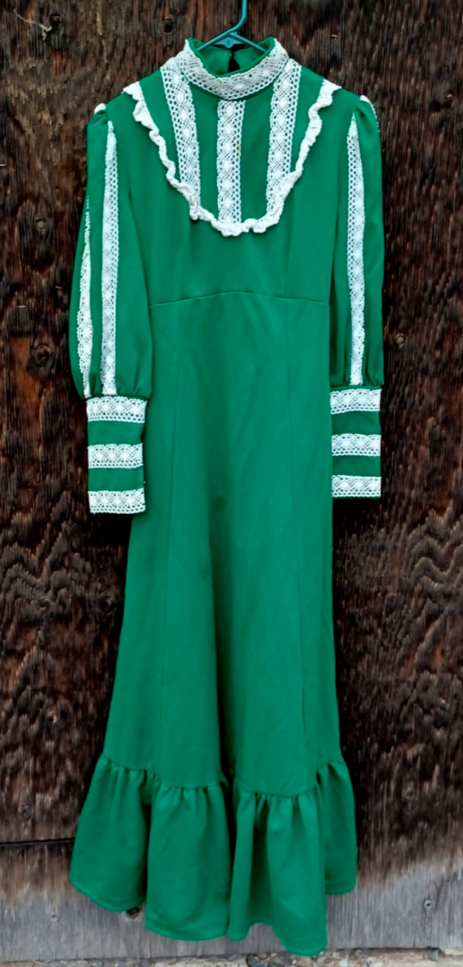 Amazing 70s Vintage Green Empire Leg O Mutton Sleeve Sz M/L PolyKnit Maxi Dress