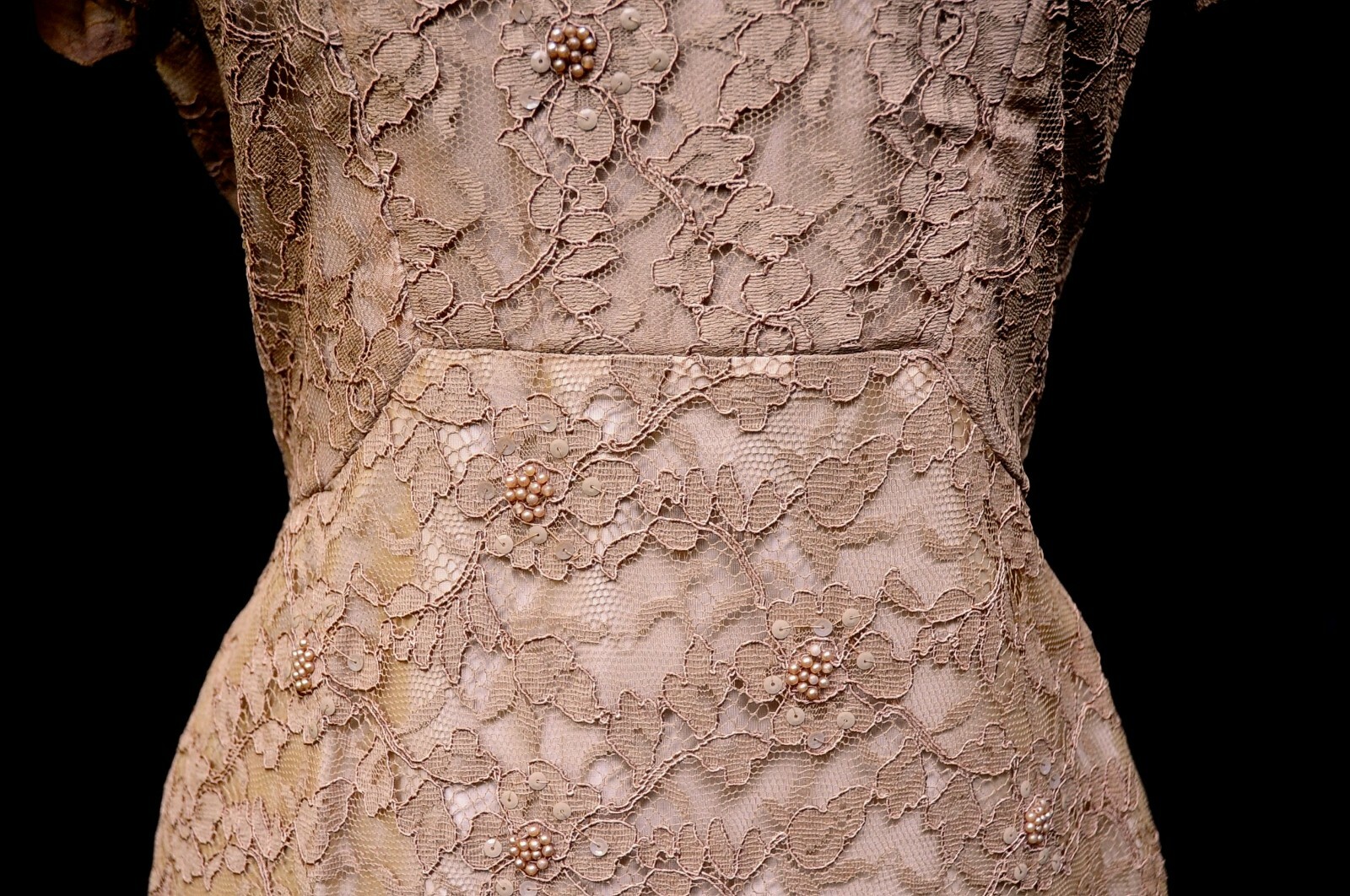 VTG 50s 60s Normal Original Sable Lace & Taffeta Party Prom Dress S/M Beading