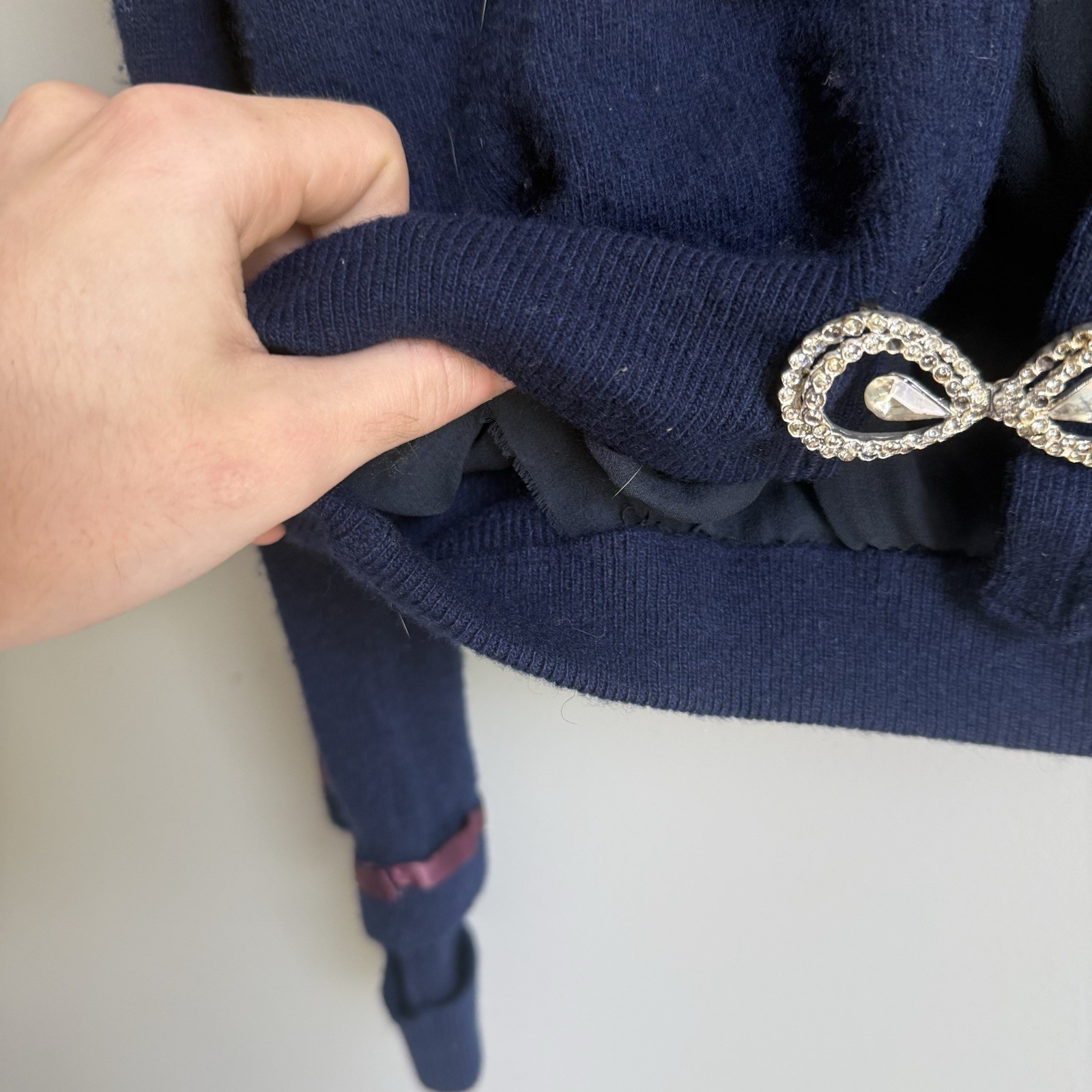 Vtg 1950’s Pringle of Scotland Cashmere Cardigan Mink Fur Collar Navy Womens S/M