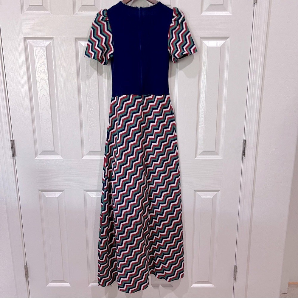 Vintage 1970s Aristo Kat Blue Multicolor Chevron Ribbed Knit Maxi Dress Size 12