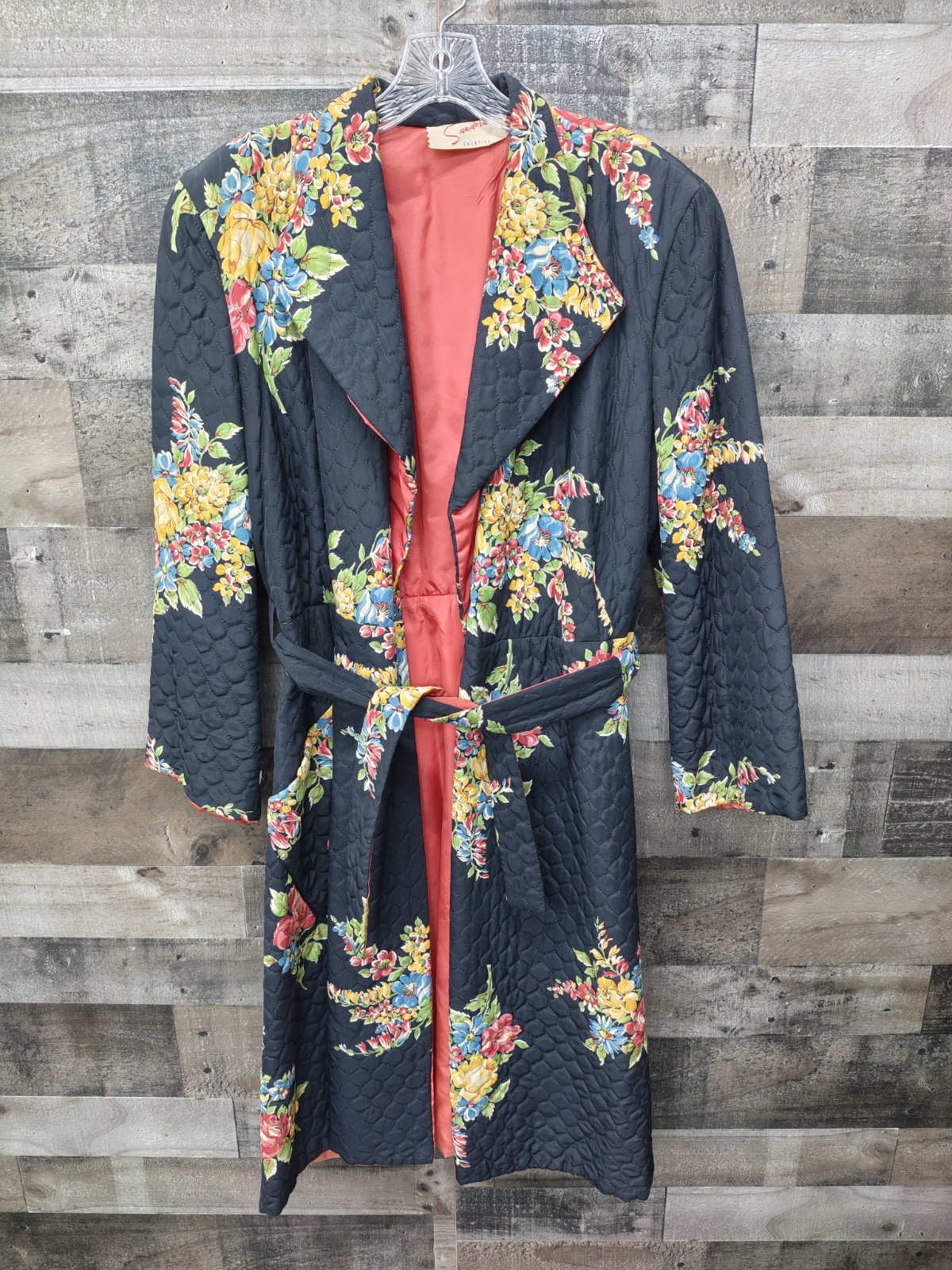 1940s Sandora Creation Rayon Lounge Set Wide Puff Sleeve Quilted Robe Floral