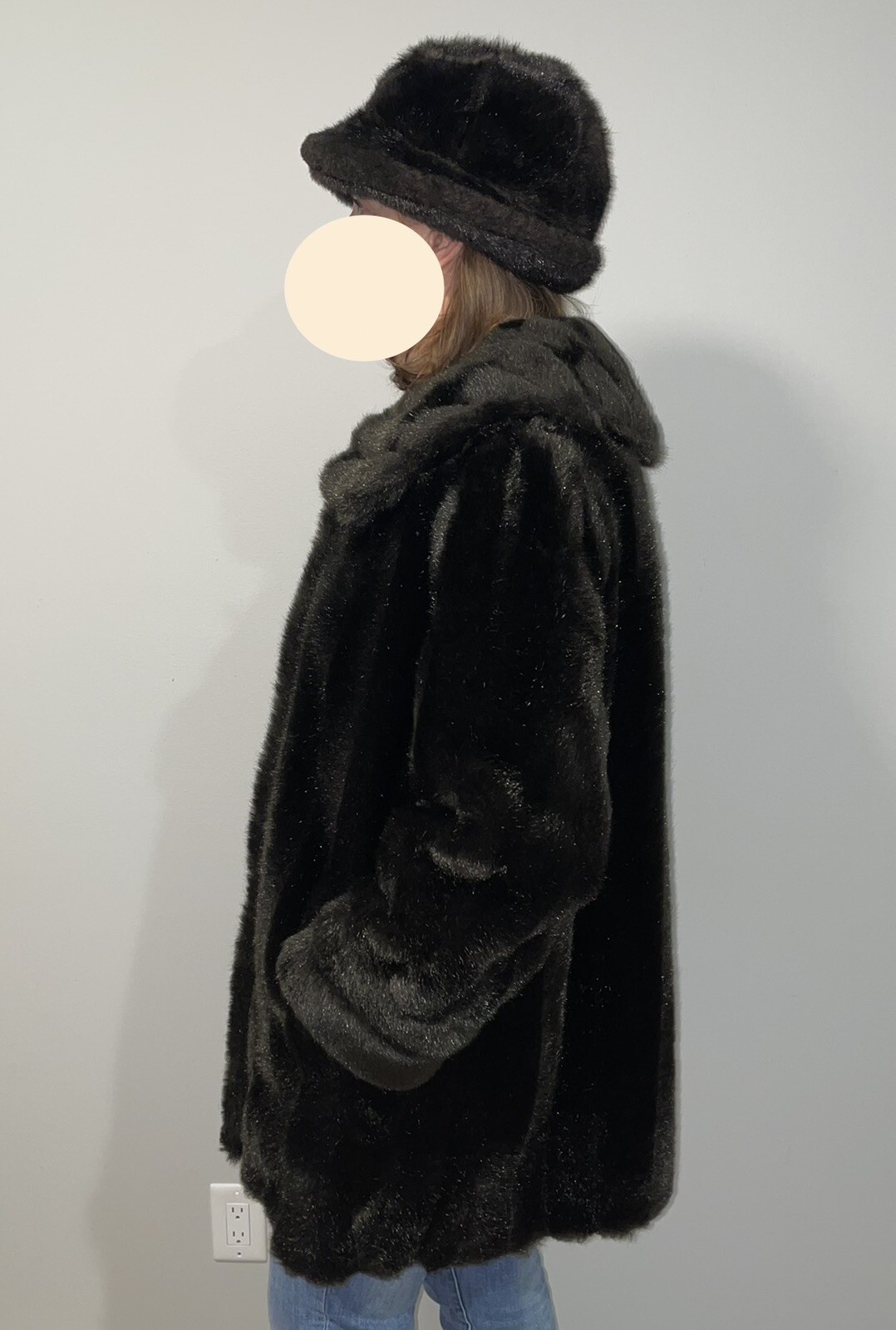 Vtg 1960 Black Faux Mink Fur Coat Shawl Collar Mar-Del Rice + Betmar Bucket Hat