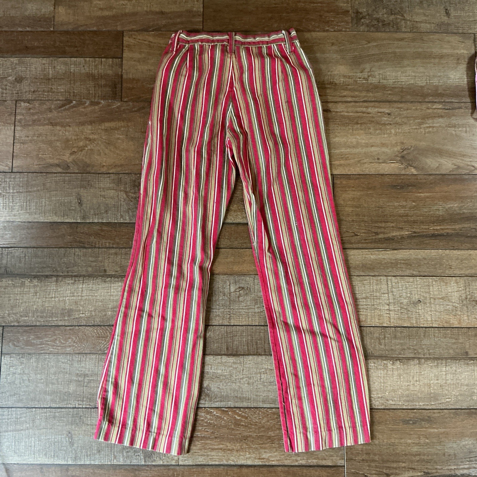 70s VTG Striped Cotton High Waist Flare Pants Red Tan Green Size W24 L29 #21E8