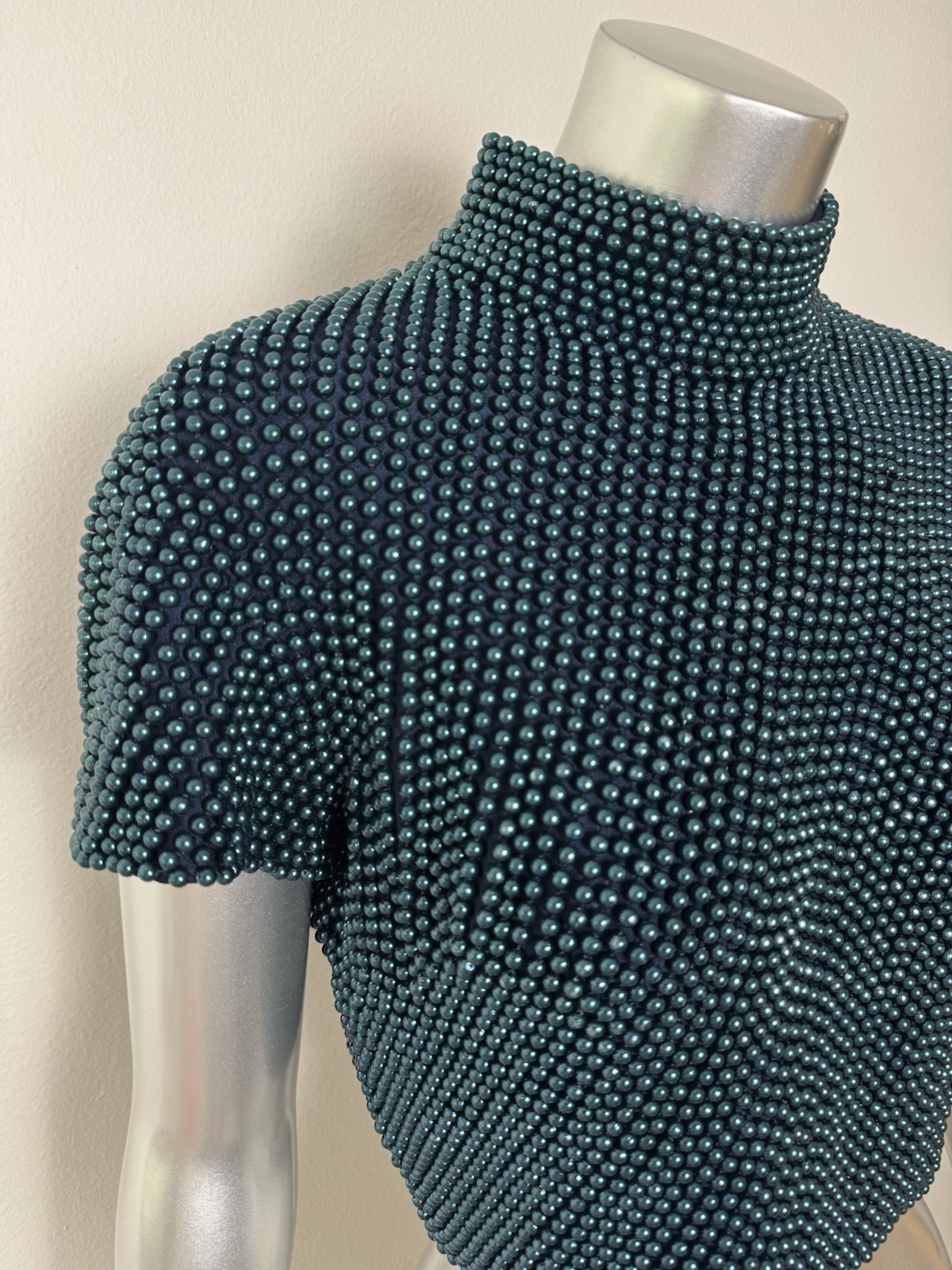 Vintage 80s VIE Victoria Royal Heavy Faux Pearl Beaded Mock Neck Blouse Top 10