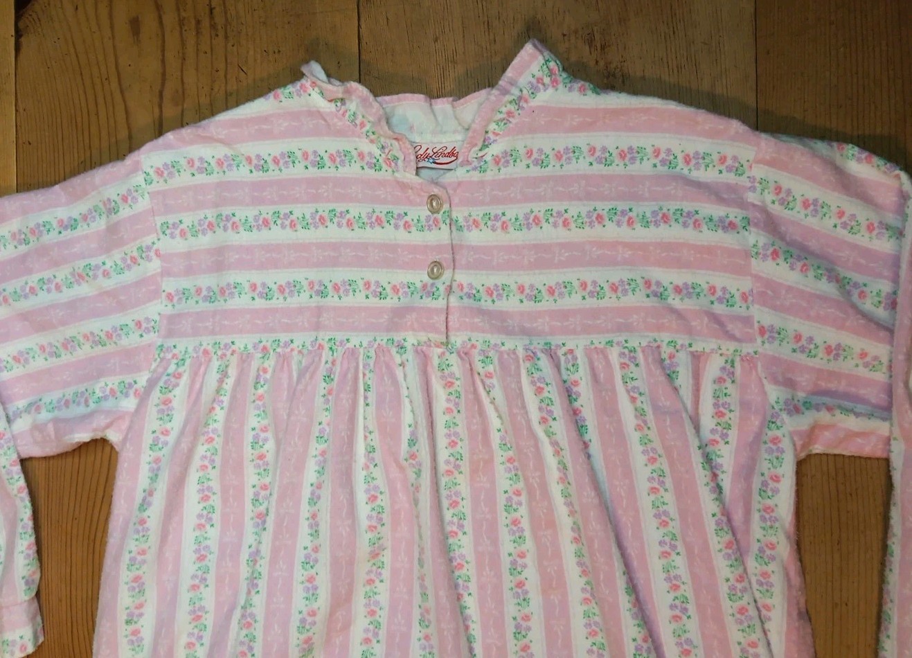 Vtg Lady Lindsay Flannel Nightgown Women M Pink Floral Stripe Ruffle Cottagecore