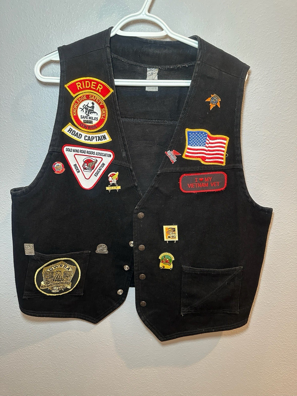 Vintage 90s Ladies Handmade Goldwing Rider Black Denim Vest Pins Patches GWRRA