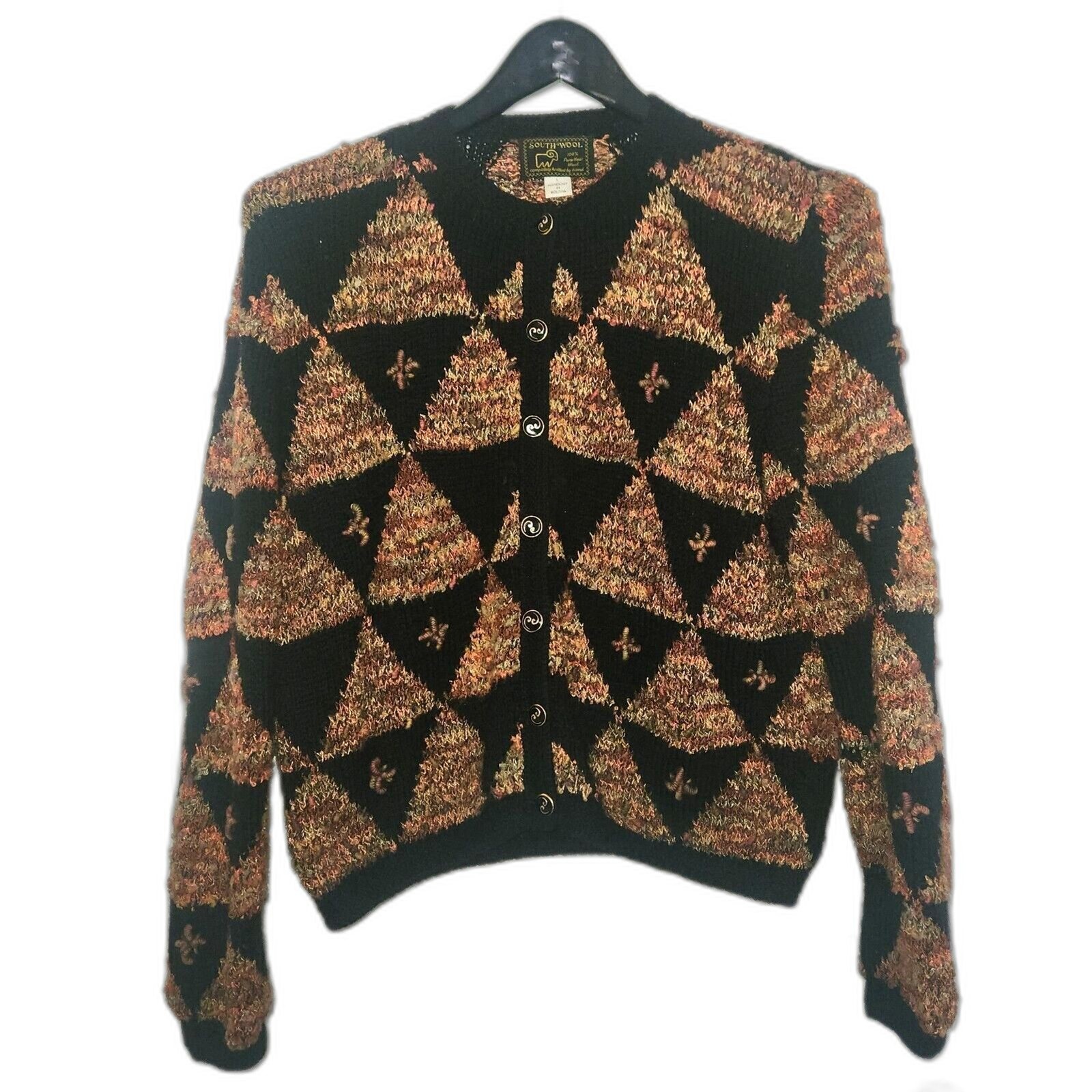 VTG SOUTH WOOL Hand Knit Bolivia Sweater Black Colorful Geo Cardigan Buttons L