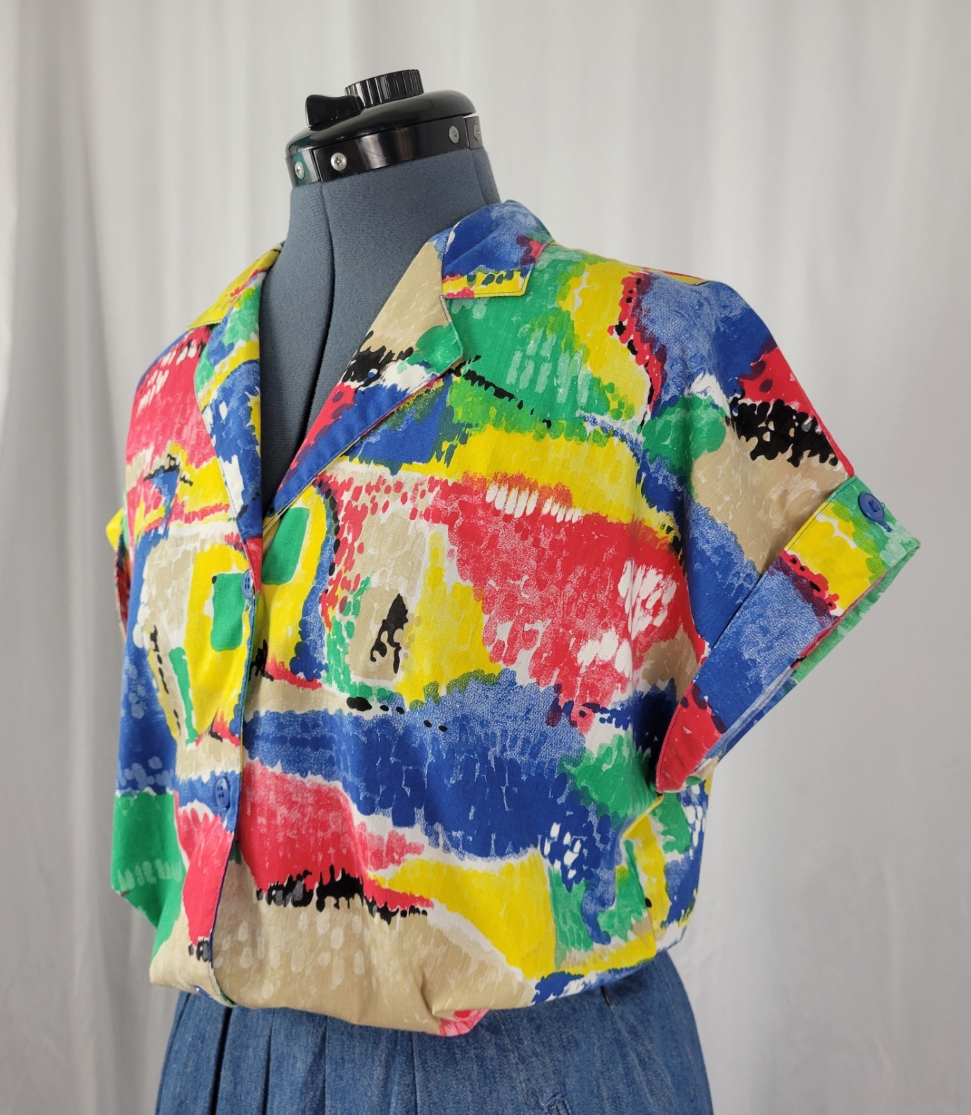 Vintage Ecco Bay Red/Yellow/Green/Blue/Tan S/S Button Down Top Size Med