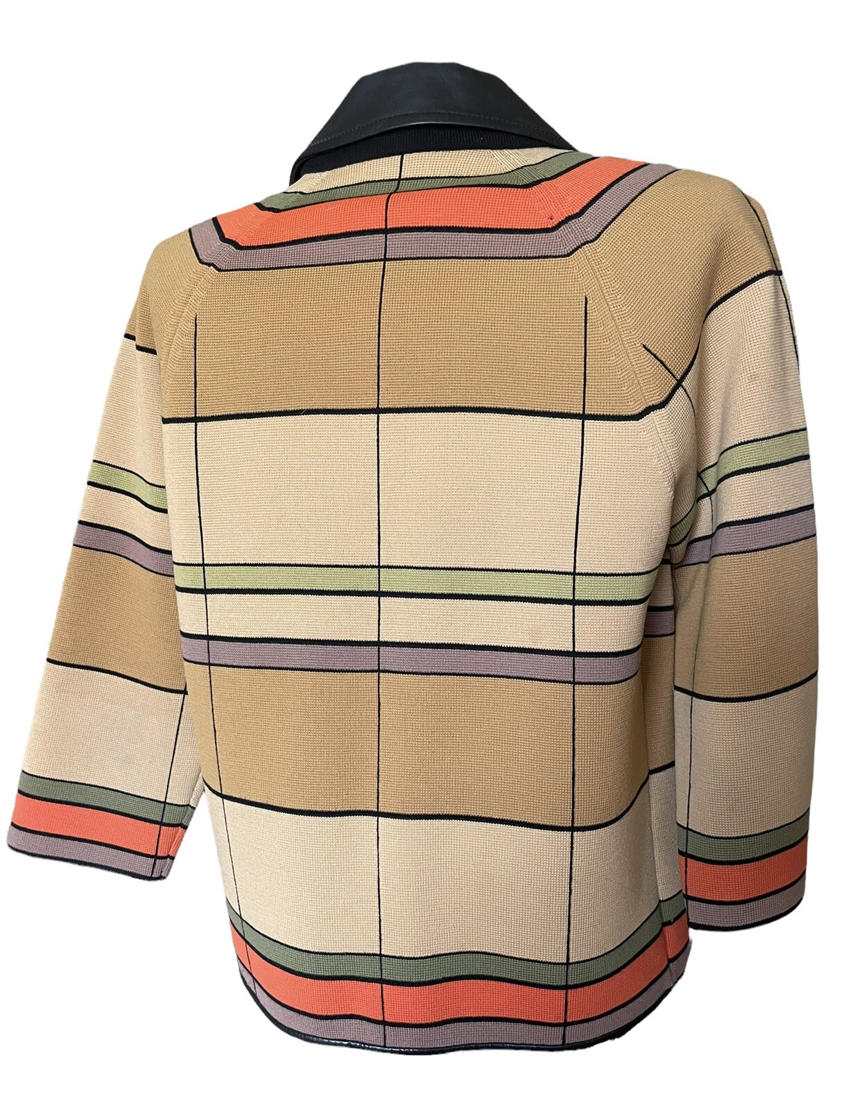 Vtg DORCE for LeRoy Knitwear Sweater Cardigan 100% Wool 70’s Striped Leather