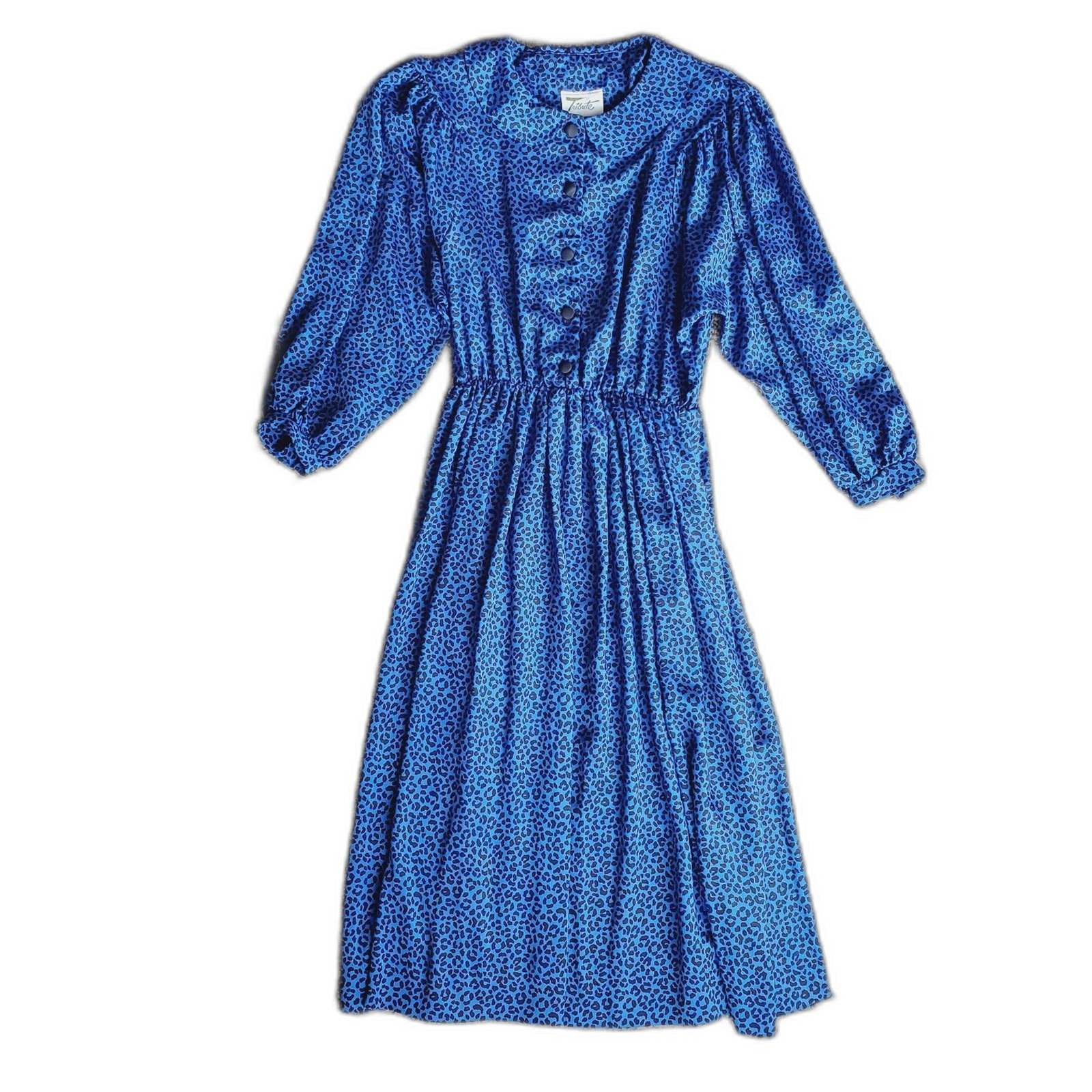 Vintage Tribute Blue Animal Print Dress Elastic Waist Long Sleeve Size M GUC