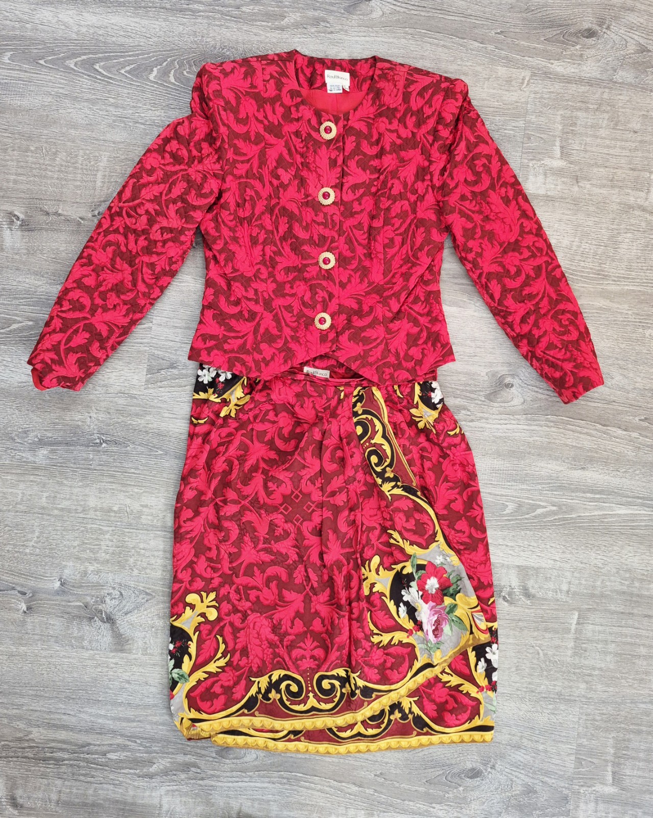 Raul Blanco Silk Suit Set Size 14 Red Floral Statement Jacket Skirt 1980 Vintage