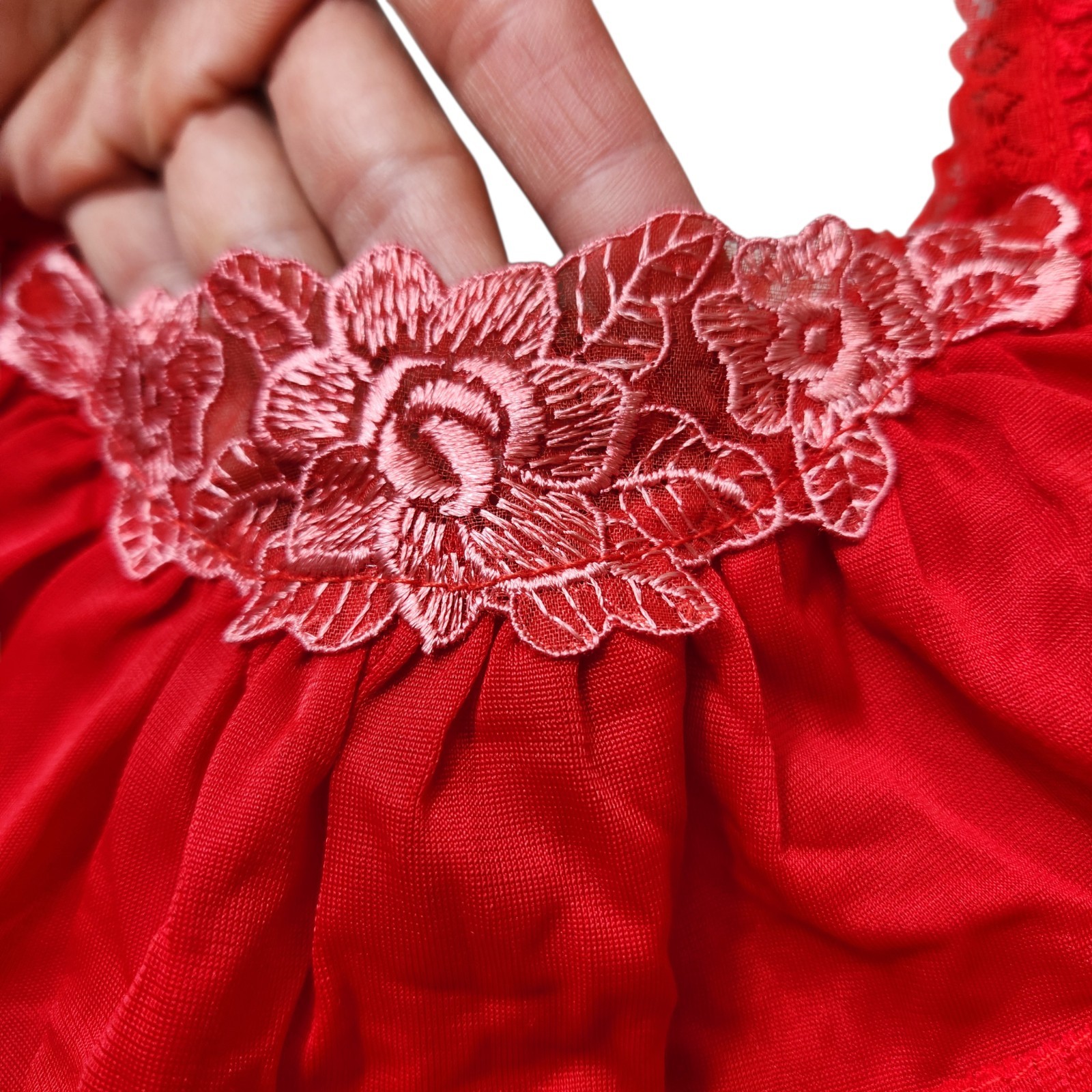 Vintage 70s Sheer Red Chiffon Lace Pajama Set Boudoir Lounge Romantic Wide Leg