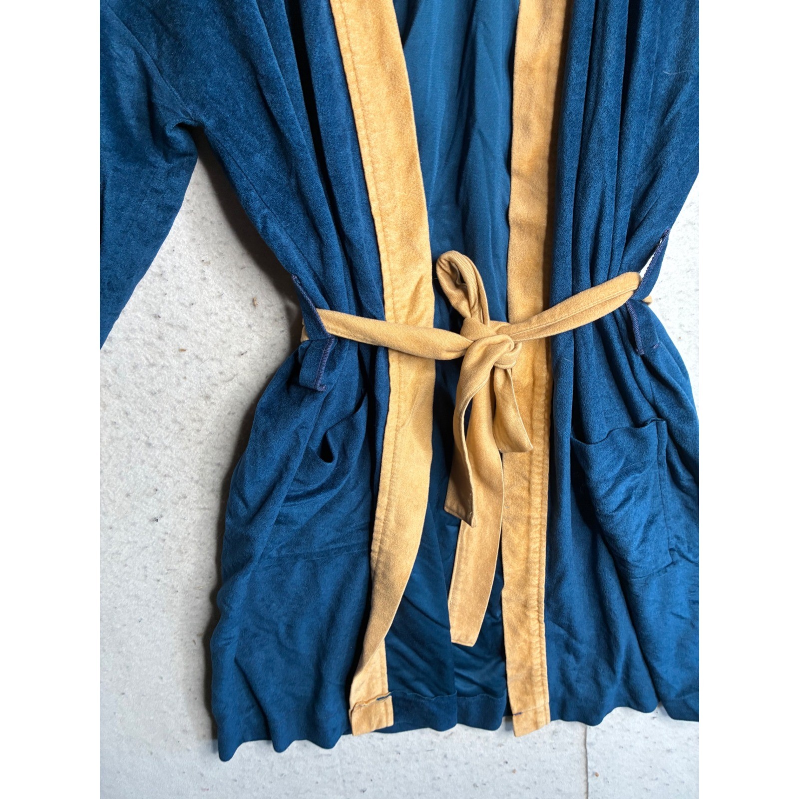 Vintage His N Hers Blue Arnel Triacetate Velvet Robe Tan Trim One Size Fits All