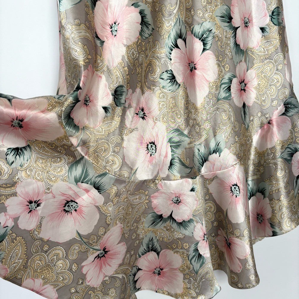 Vintage Satin Chemise Slip Dress 80’s Coquette Ruffle Floral Pinup Girl Glam