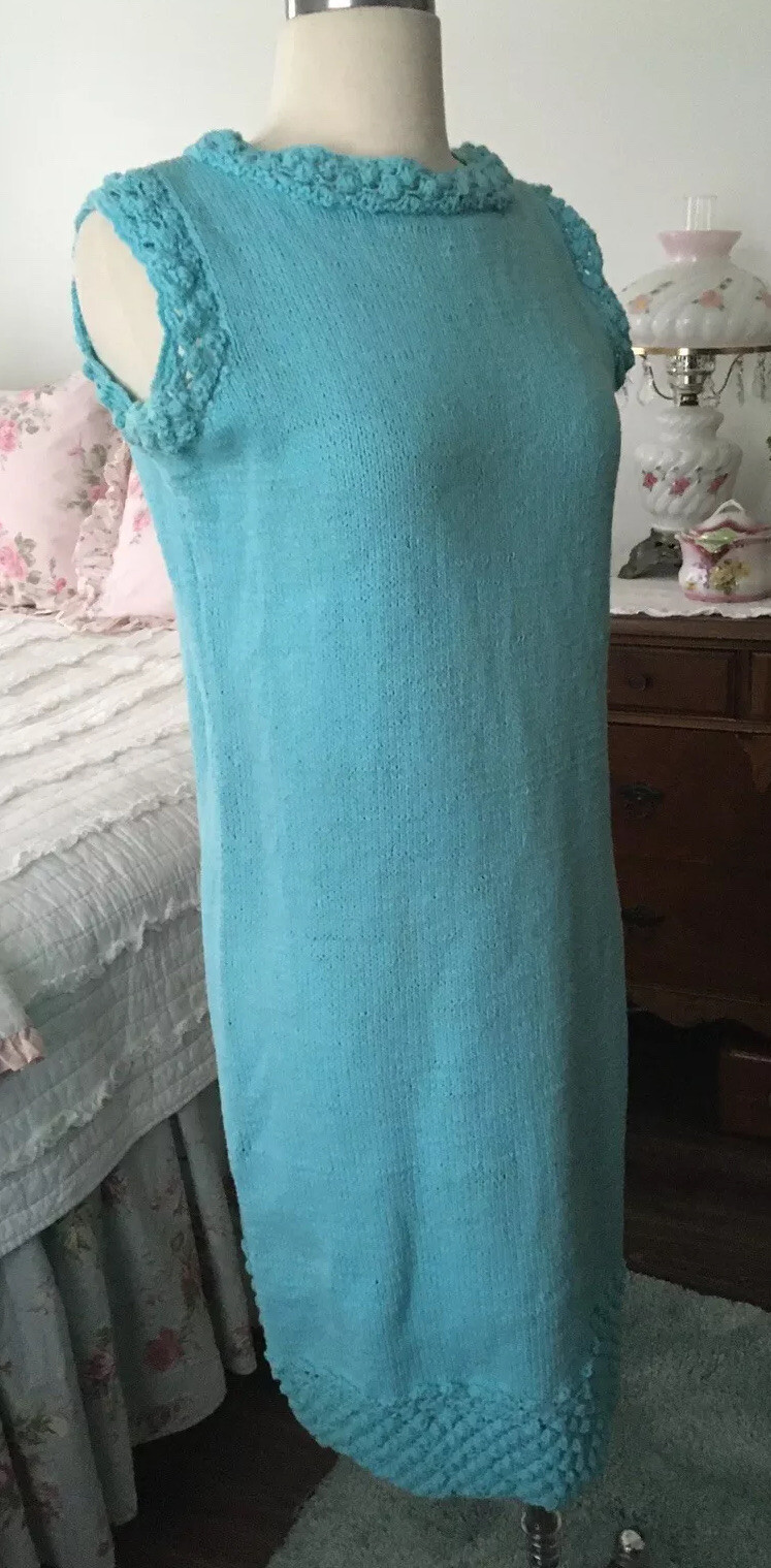 VTG 1960s Pastel AQUA Bubble HANDKNIT Dress Pin Up MOD Sleeveless