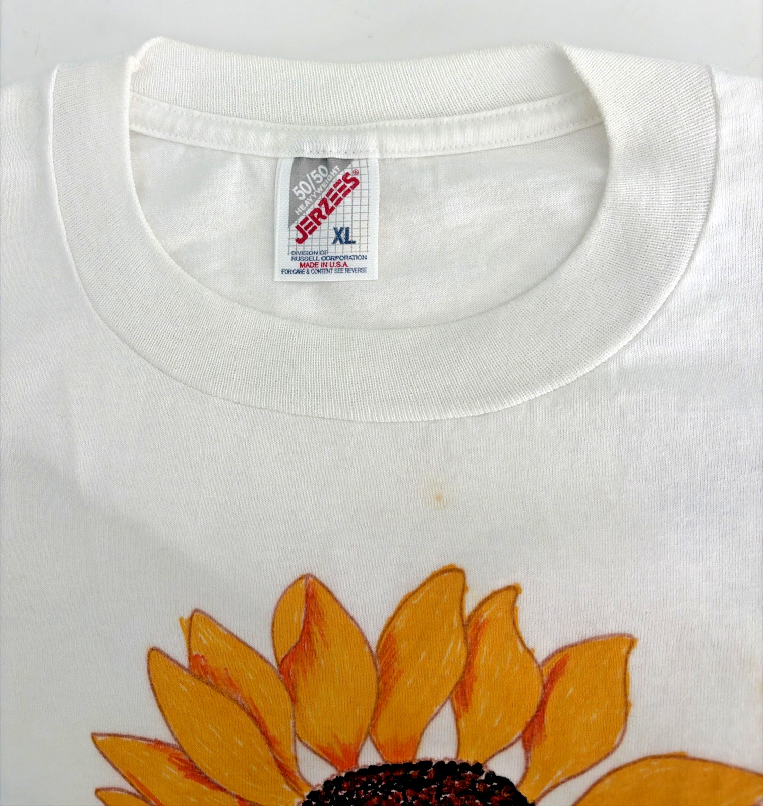 Vtg Jerzees Sunflower T Shirt Grid Flower Hand Painted Graphic Sze XL Yellow