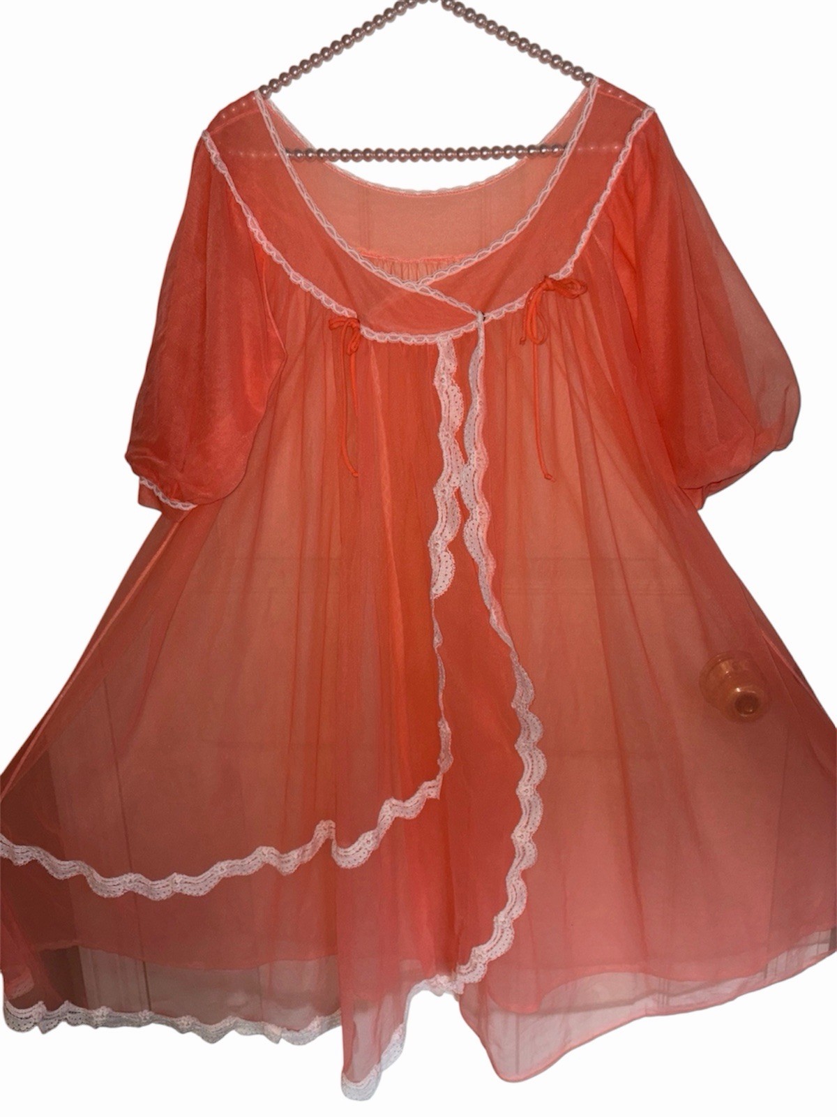 Vtg LISETTE Lingerie Sheer Nylon Chiffon Peignoir Robe Small Coral