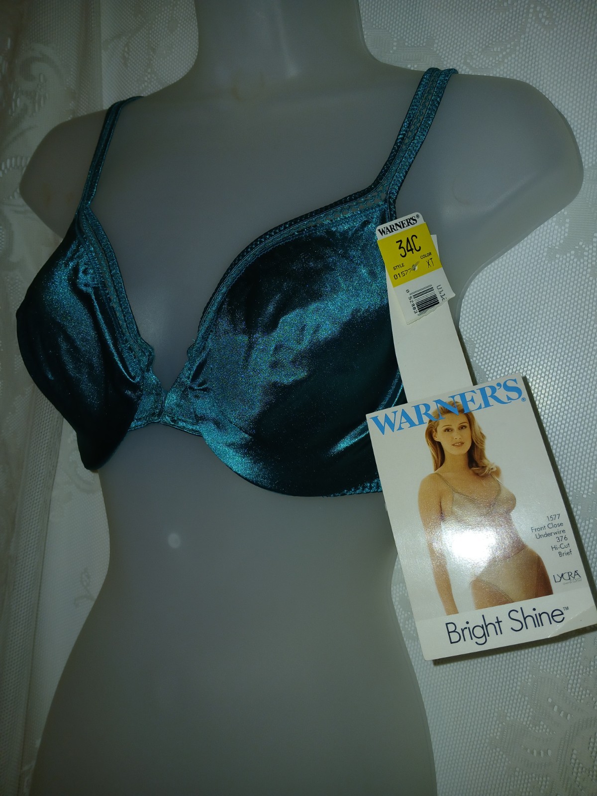 Vintage 80s Warners Bright Shine Teal Green Satin Nylon Underwire Bra 34C NWT