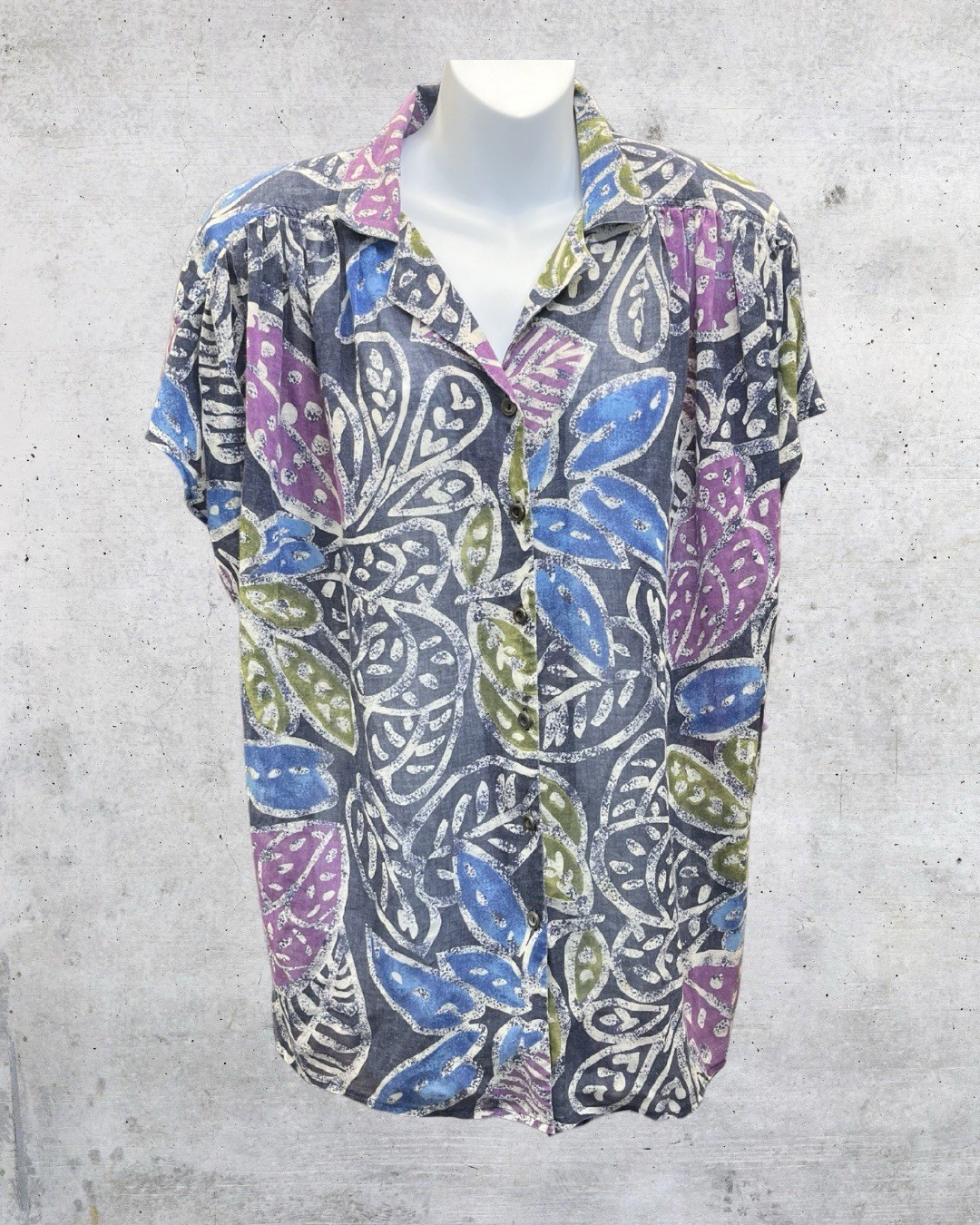 Vintage 90s Abstract Leaf Print Blouse Womens XL Gray Blue Purple Shoulder Pads