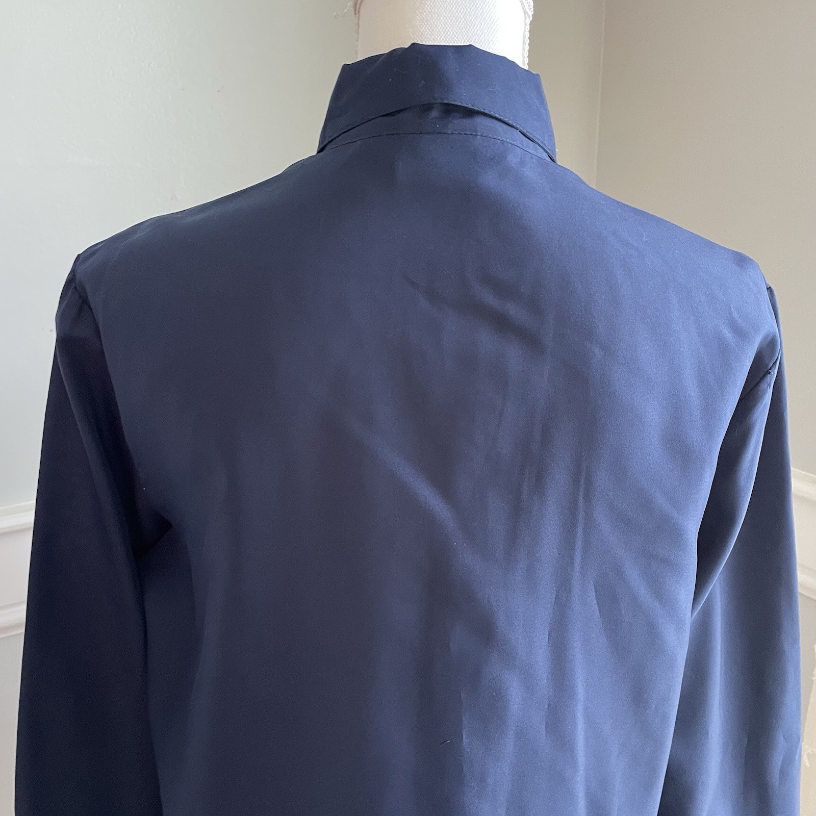 Vtg 60s Ship ’n Shore Navy Blouse Size 16 Detachable Ruffle Bow Tie Button Up