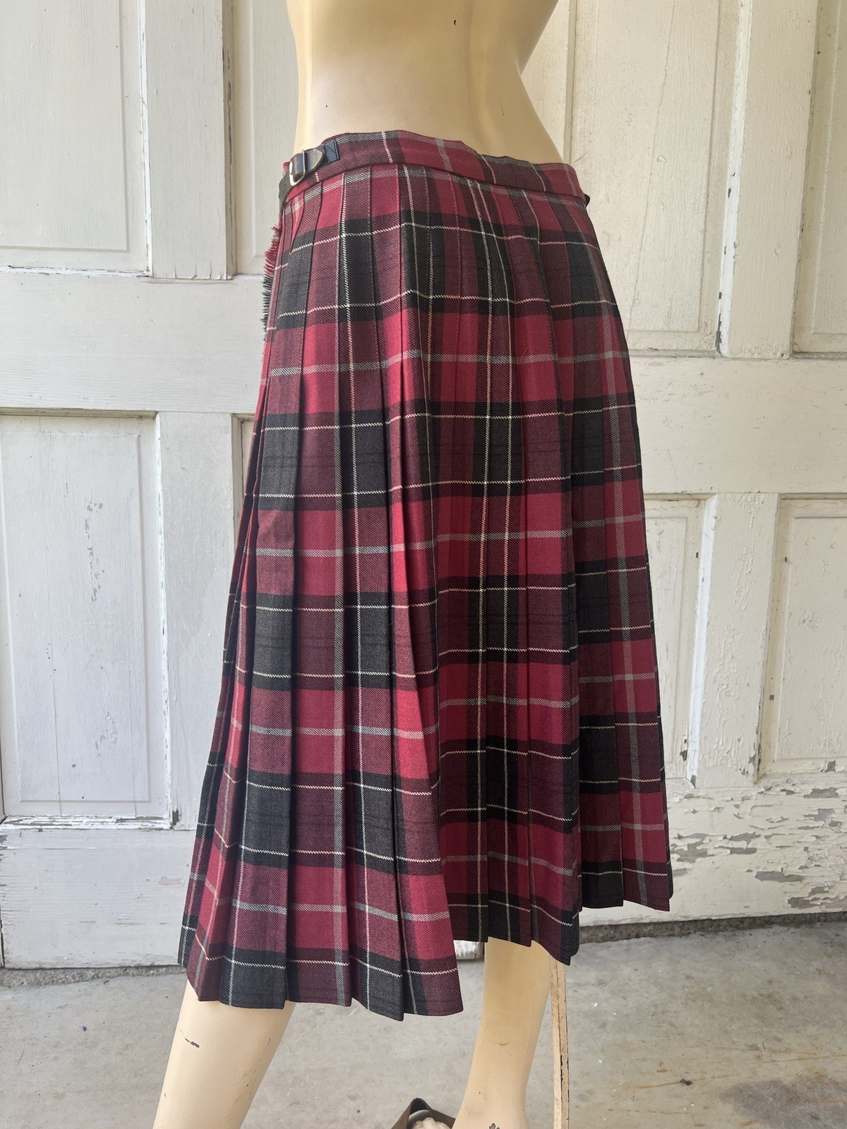 Vintage 80s Wool Kilt Skirt Pleated Buckle Back Wrap Plaid Black Red Gray Tartan