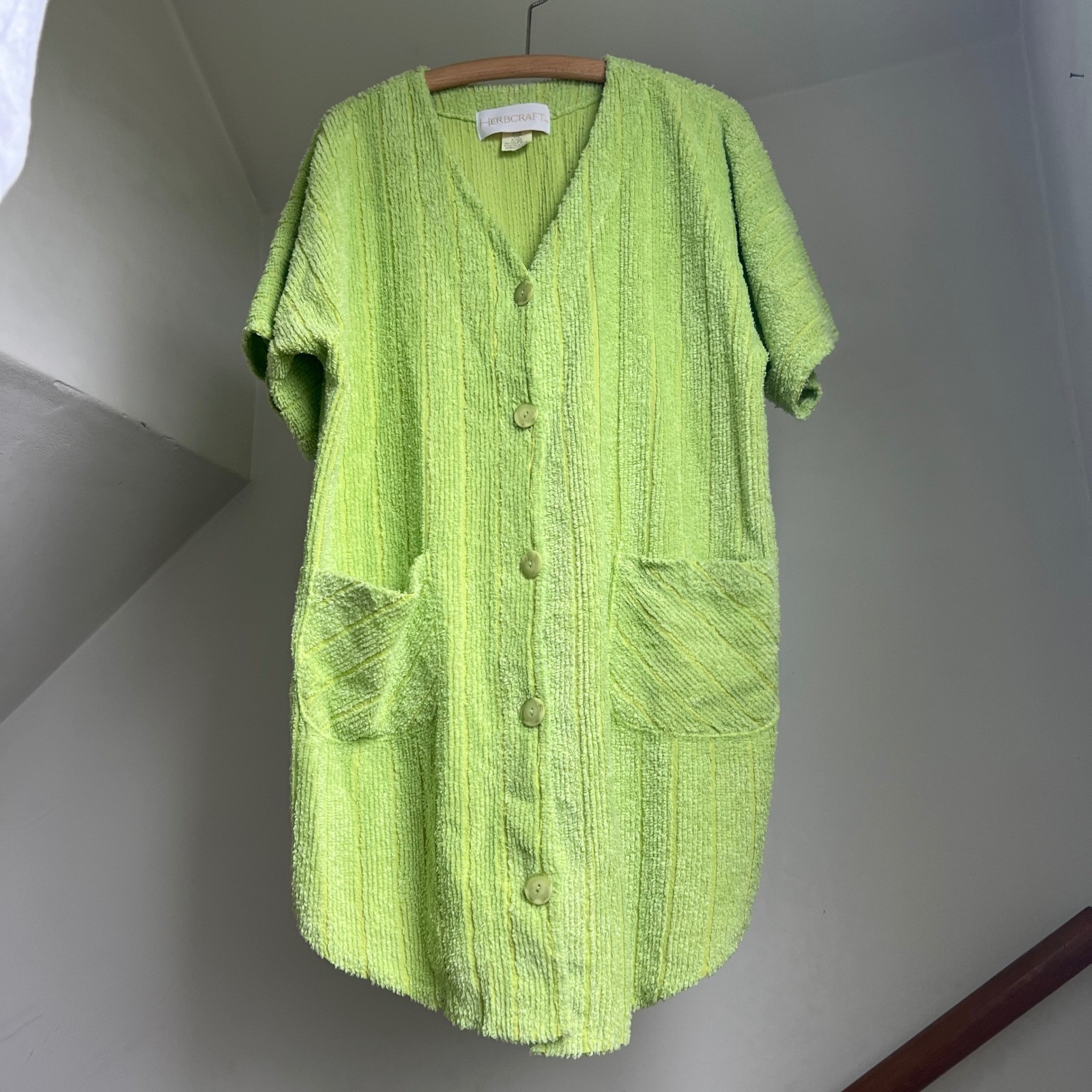 Vintage Herbcraft Terry Cloth Robe Dress Large Lime Green Button Front Chenille