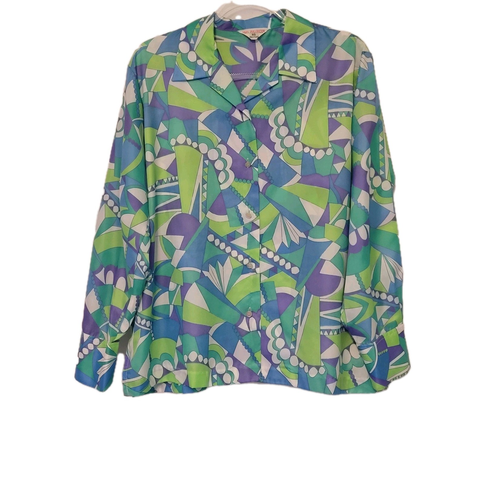 VTG 70s Wmn’s Blue Purple Green Geometric Mod Retro Satin Button Up Blouse Sz 18