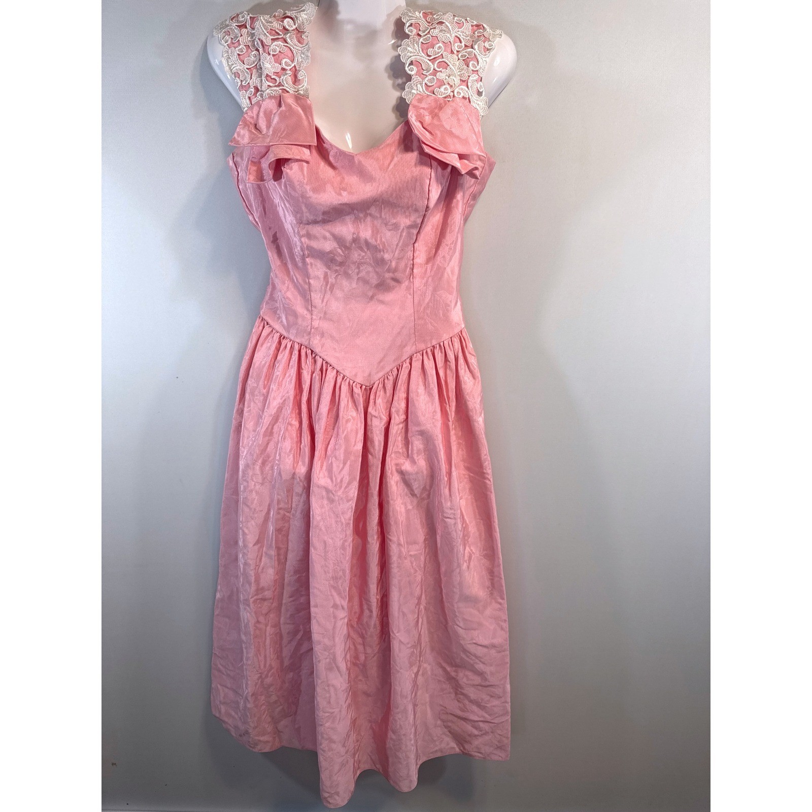 Vintage Alfred Angelo Floral Jacquard Midi Dress Lace Trim Basque Waist 80s XS