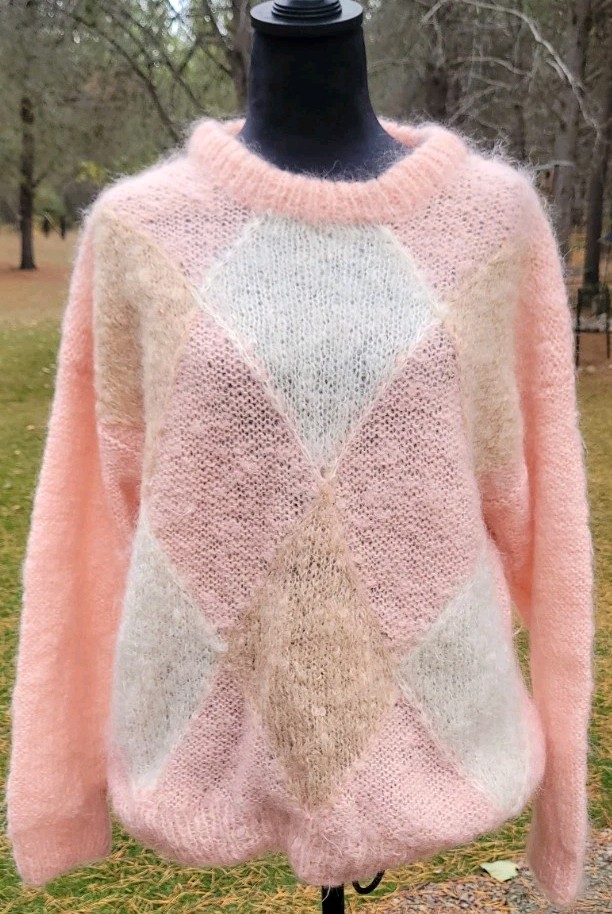 80s Womens Pink Argyle Mohair Hand Knit Sweater By The Summer House New Zealand