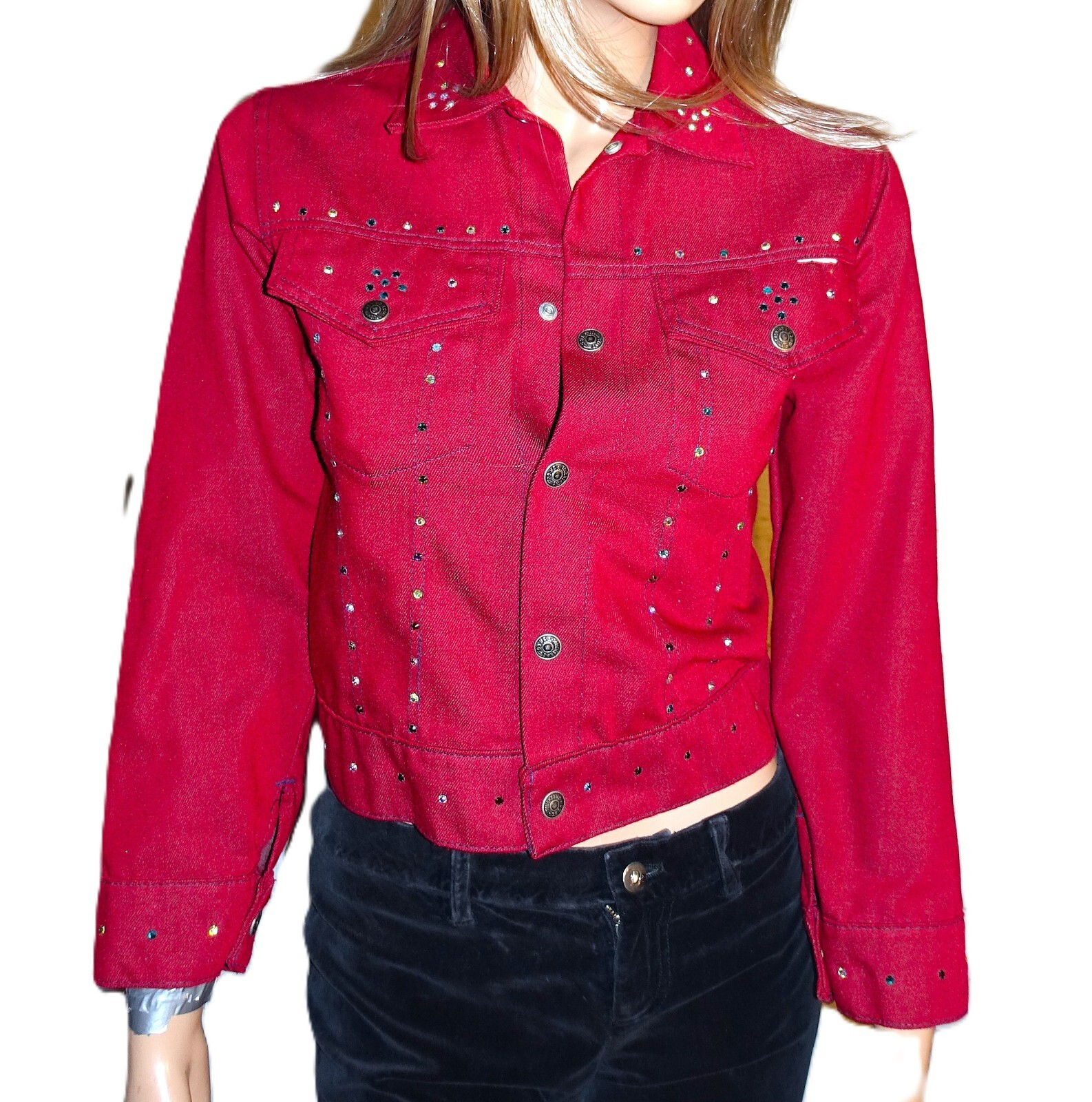 Vintage Put on Shop Burgundy Crystals Jean Jacket 14 XS
