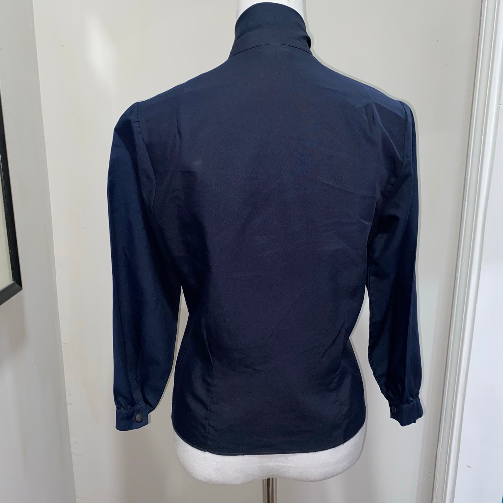 Vintage Navy Blue Fitted Blouse 3/4 Sleeves Pussy Bow 1960-70s Retro Button Down