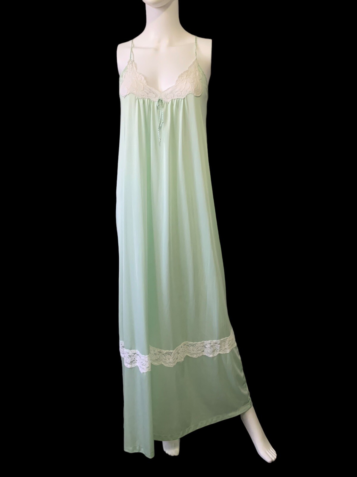 VTG Rene Nylon Nightgown Slip Dress Retro Mod Lace 70s Green Rope Nightie Gown