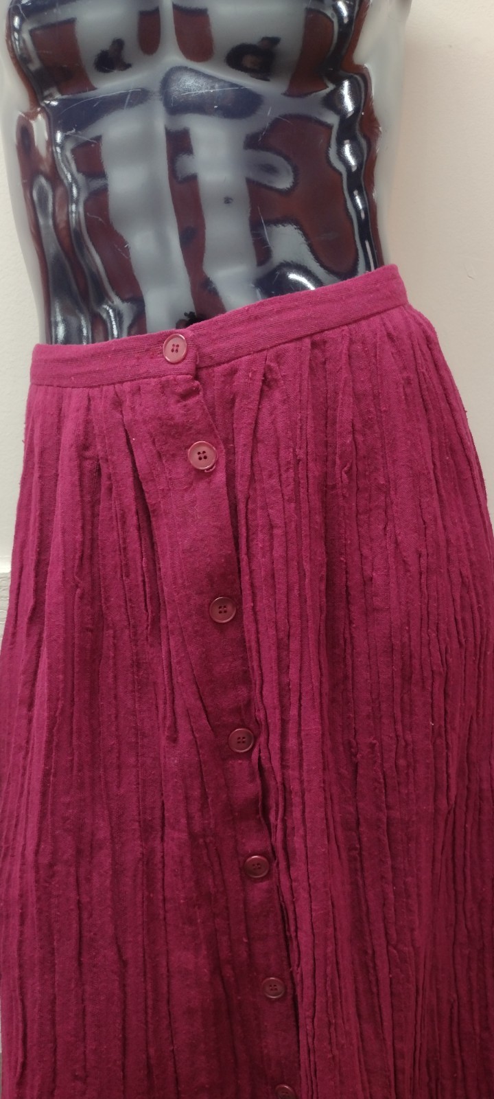 1970s Campus Casuals Pink Fuchsia Skirt Crinkle Cotton Buttons Below Knee Size M