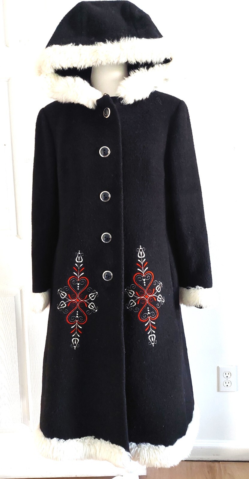 Vtg Wolfstaedter 1960’s Black Faux Fur Trim Swing Coat L Wool Lined MCM
