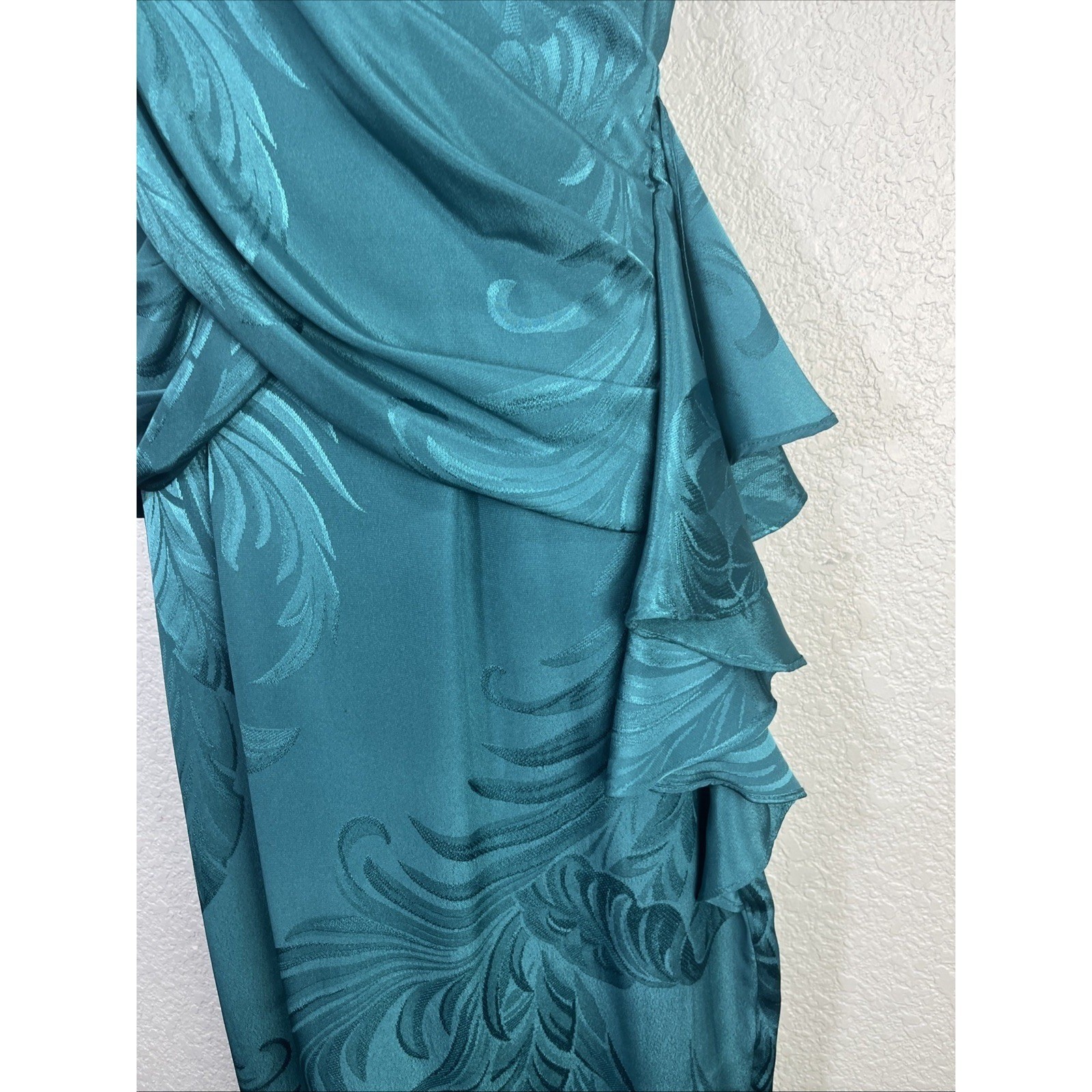 Lola Collections Dress Womens 4 Teal Jacquard Leaf Draped Open Back Ruffle 80s