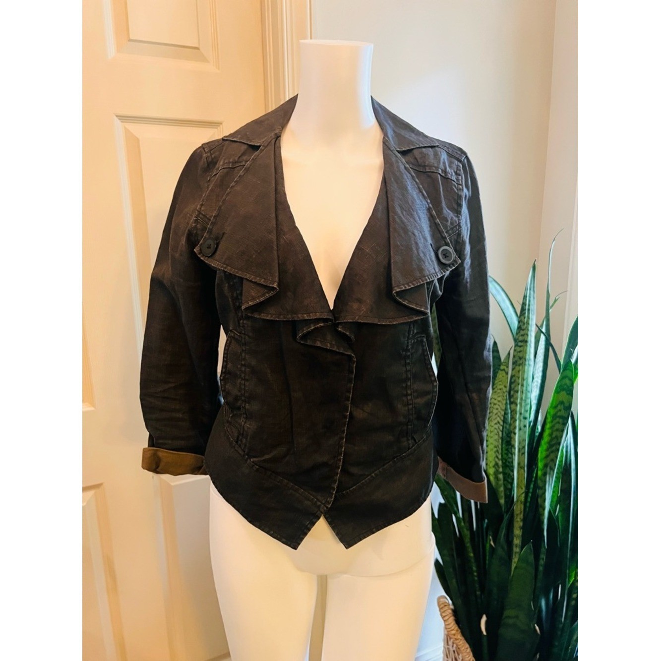 Waxed Linen Moto Jacket Ruffle Collar Steampunk Cropped Black XS