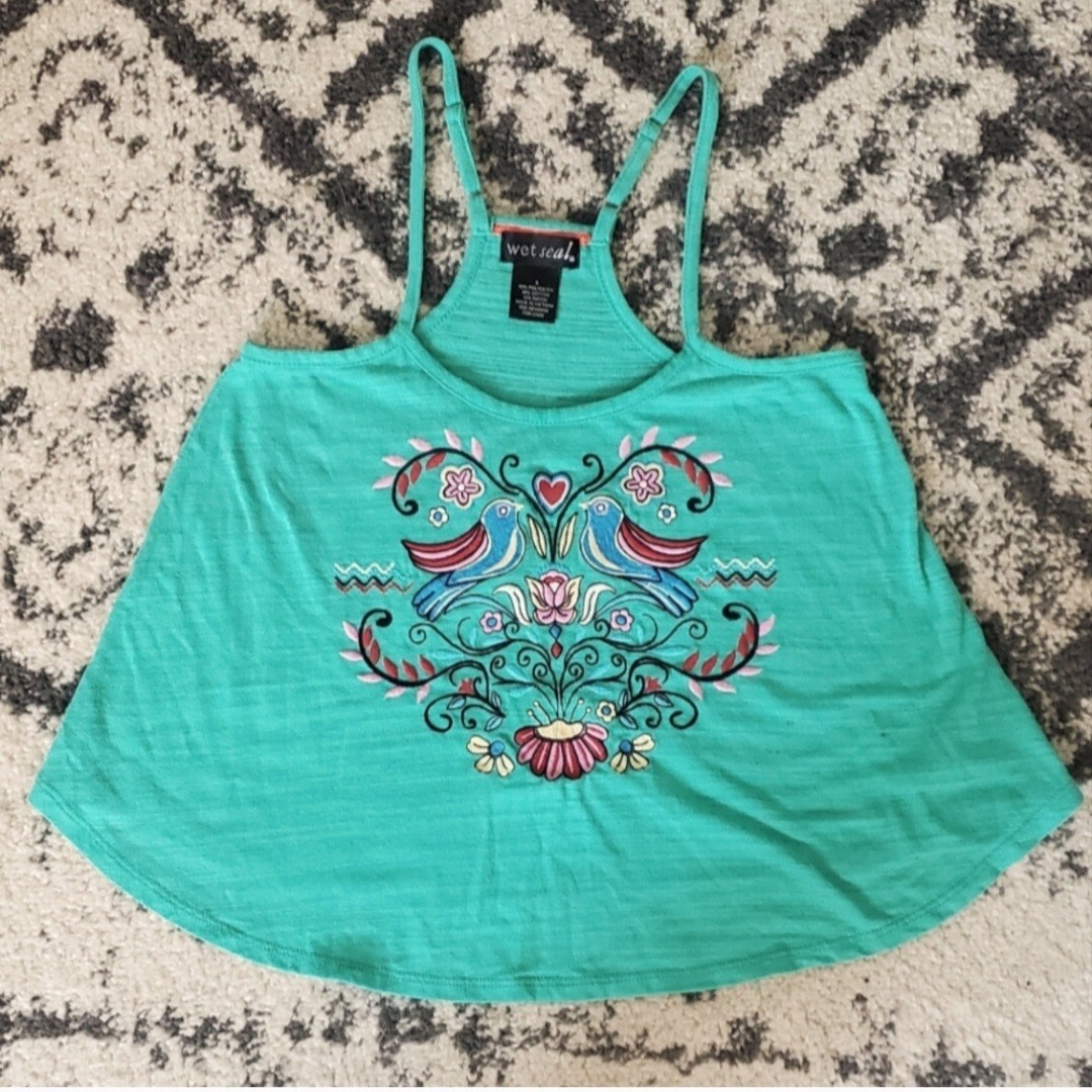 Vintage Y2K Wet Seal Teal Embroidered Boho Flowy Tank Top Size S